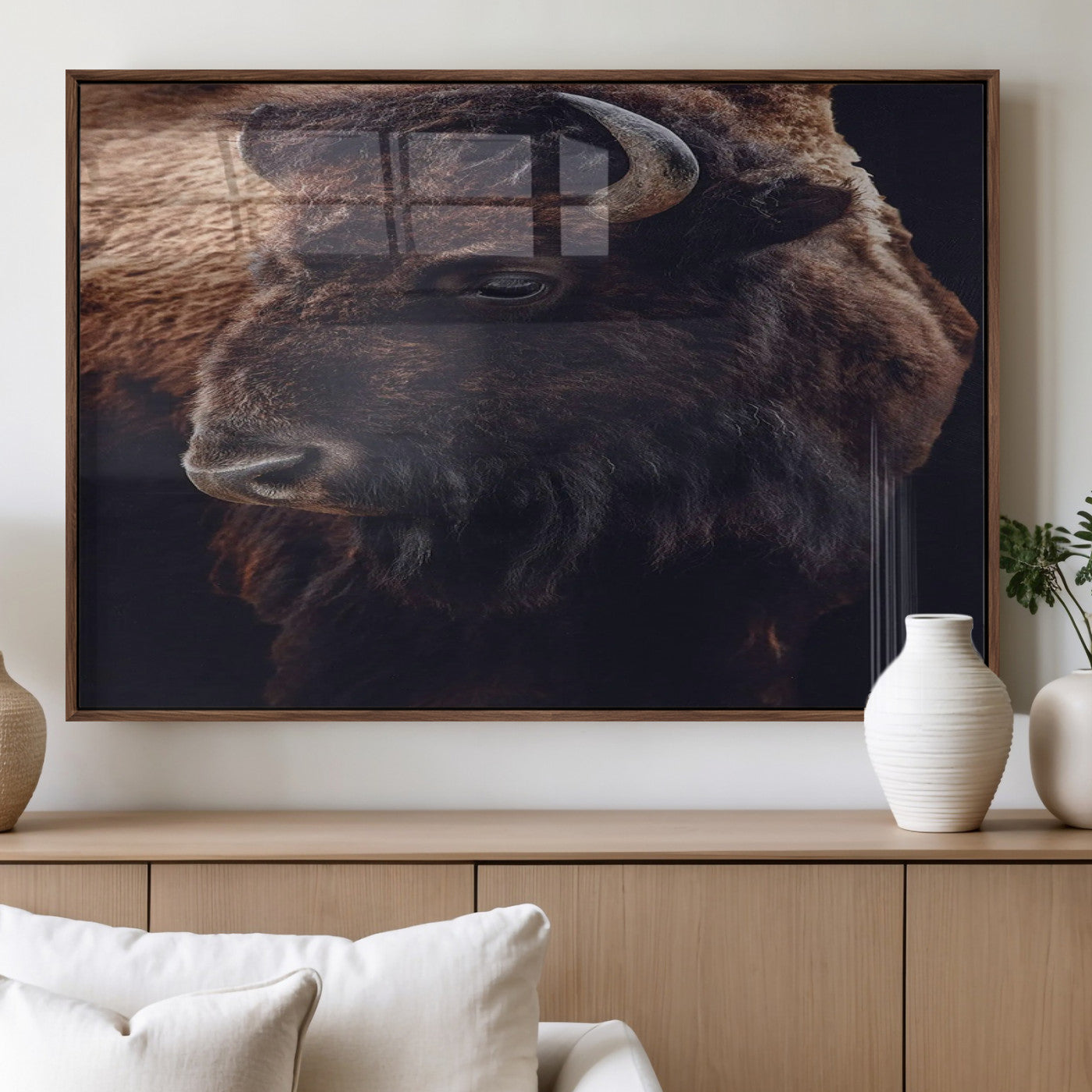 Close-up portrait of a bison with dark fur on a black background, perfect for rustic, lodge, or Western-style interior wall decor.