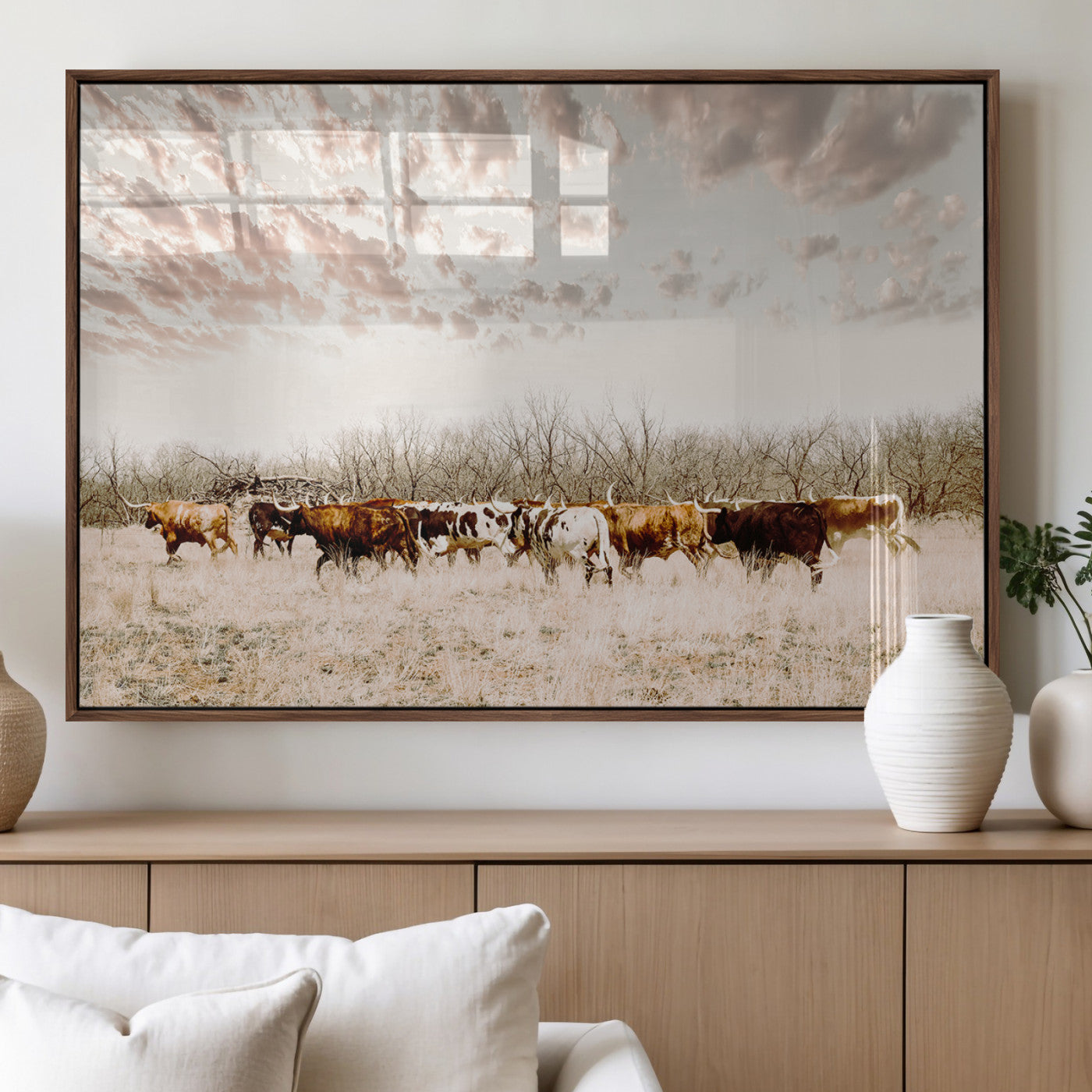 64892775-MGV-FP-60X30-3P_Walnut-Longhorn Cattle Wall Art Canvas Print, Framed Texas Ranch Art Picture Print, Western Cow Perfect