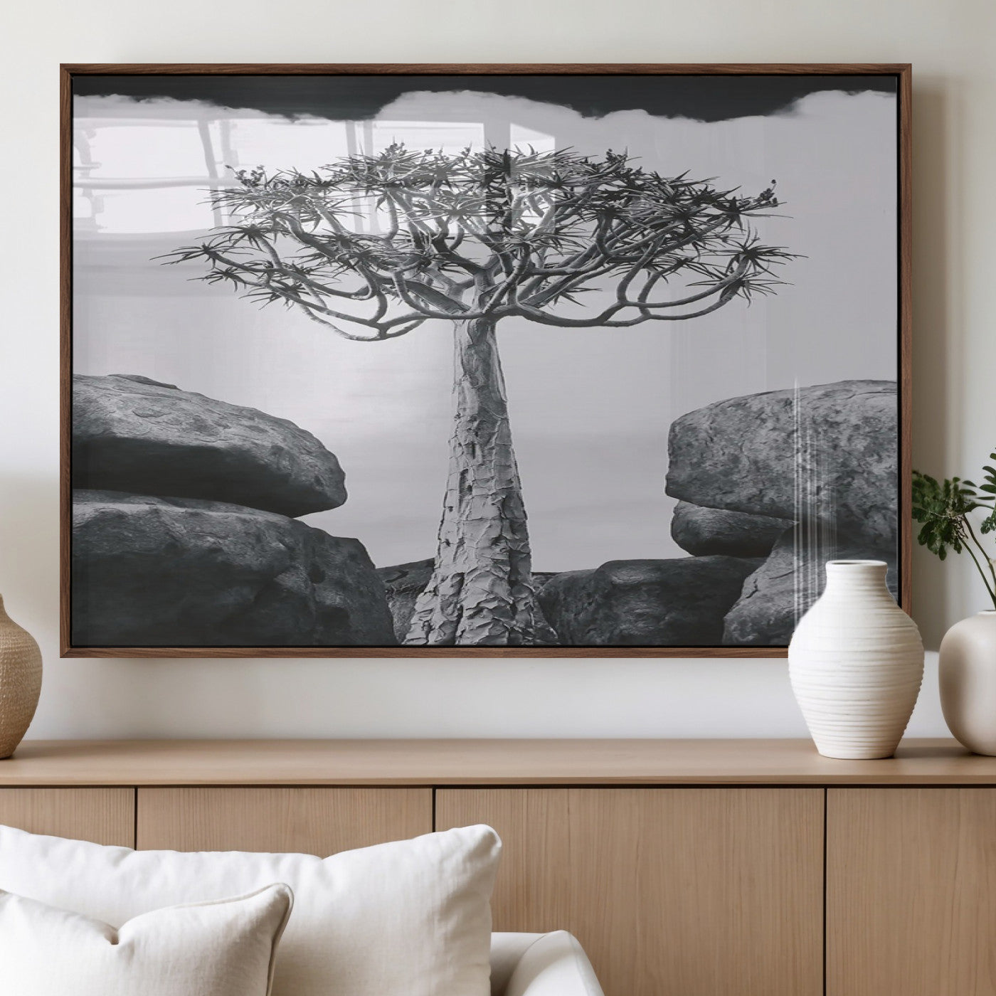 Black and white Joshua tree with bold rocky background, ideal for minimalist or desert-inspired home wall decoration.