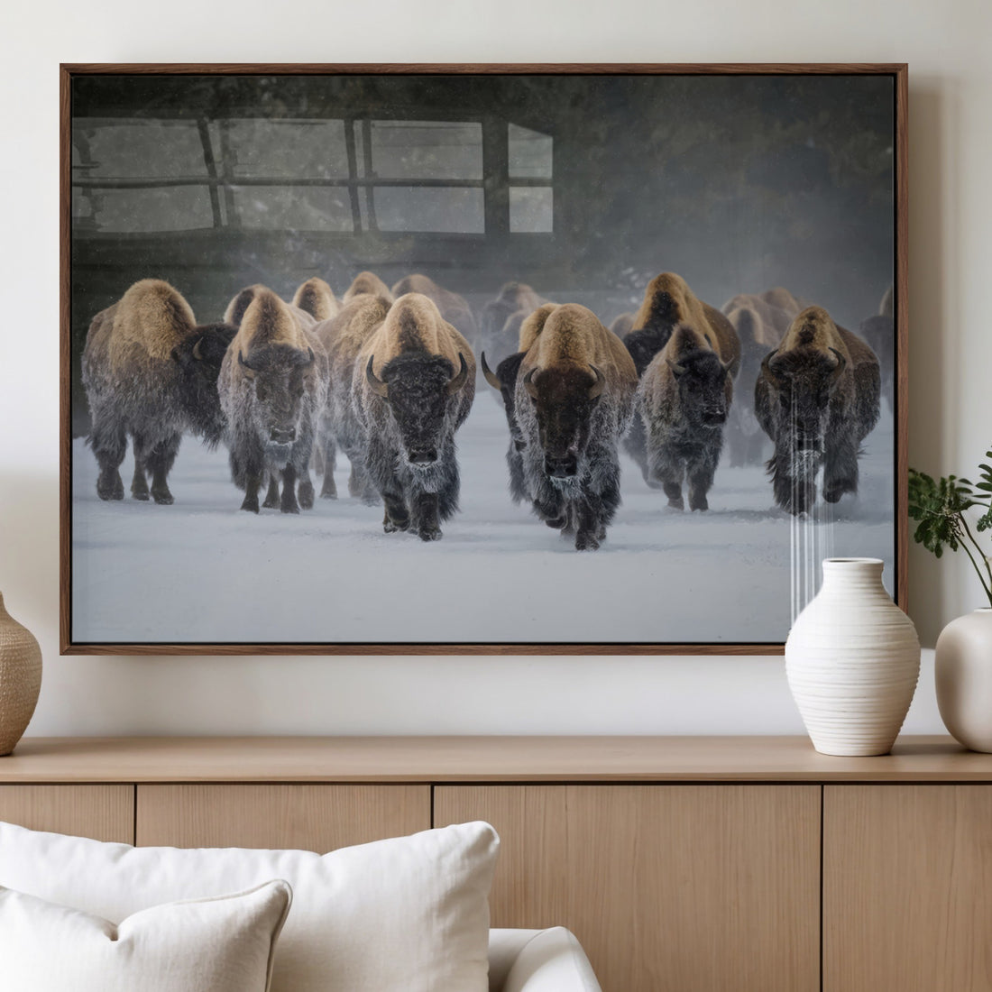 Bison Herd Wall Art Canvas Print, Framed Rustic Wildlife Decor, Snowy Bison Landscape