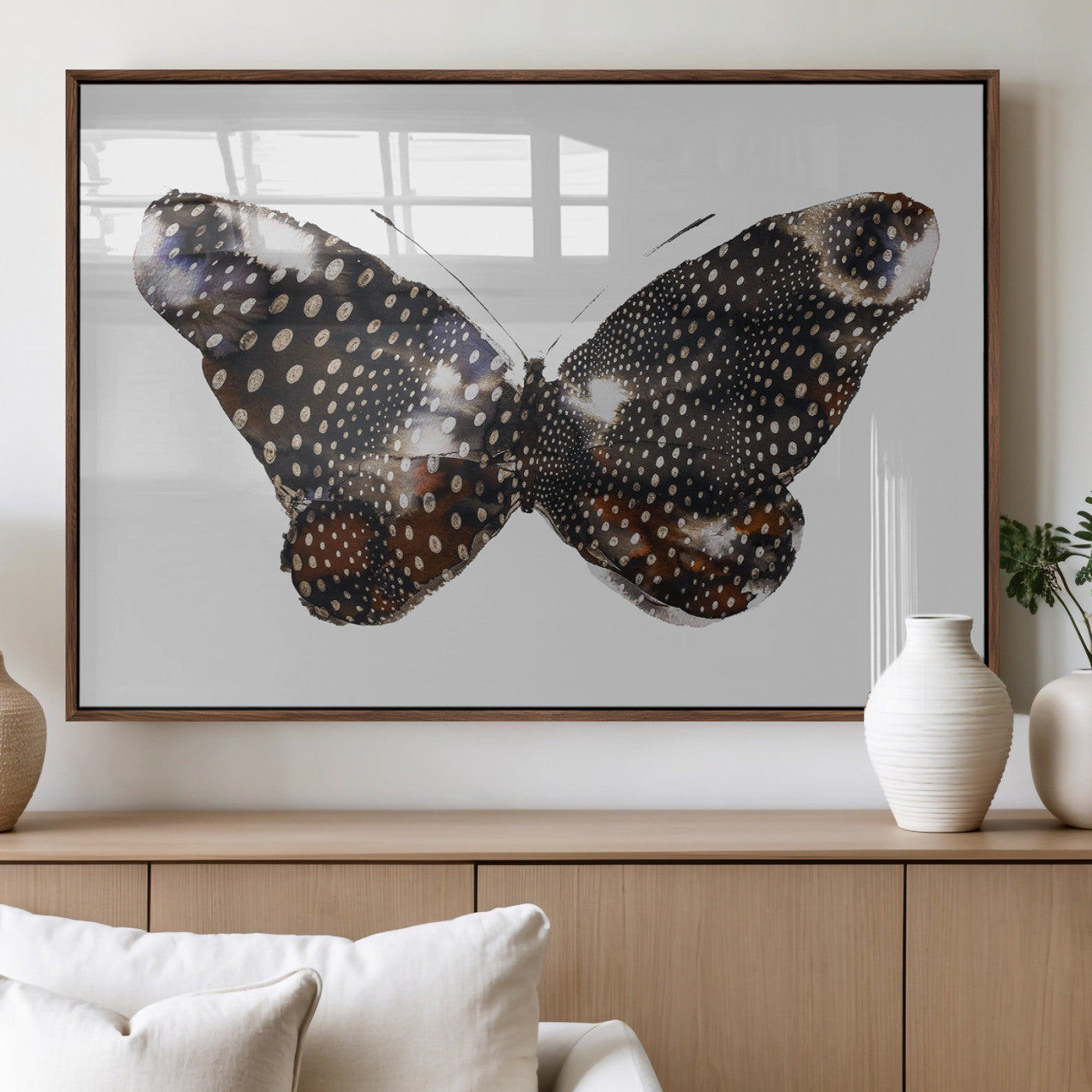 MGV-FP-36X24-3P - Spotted Butterfly Wall Art Canvas Print, Framed Neutral Insect Theme Art Picture Print, Earthy Wing Pattern Perfect Modern Rustic Decor Artwork