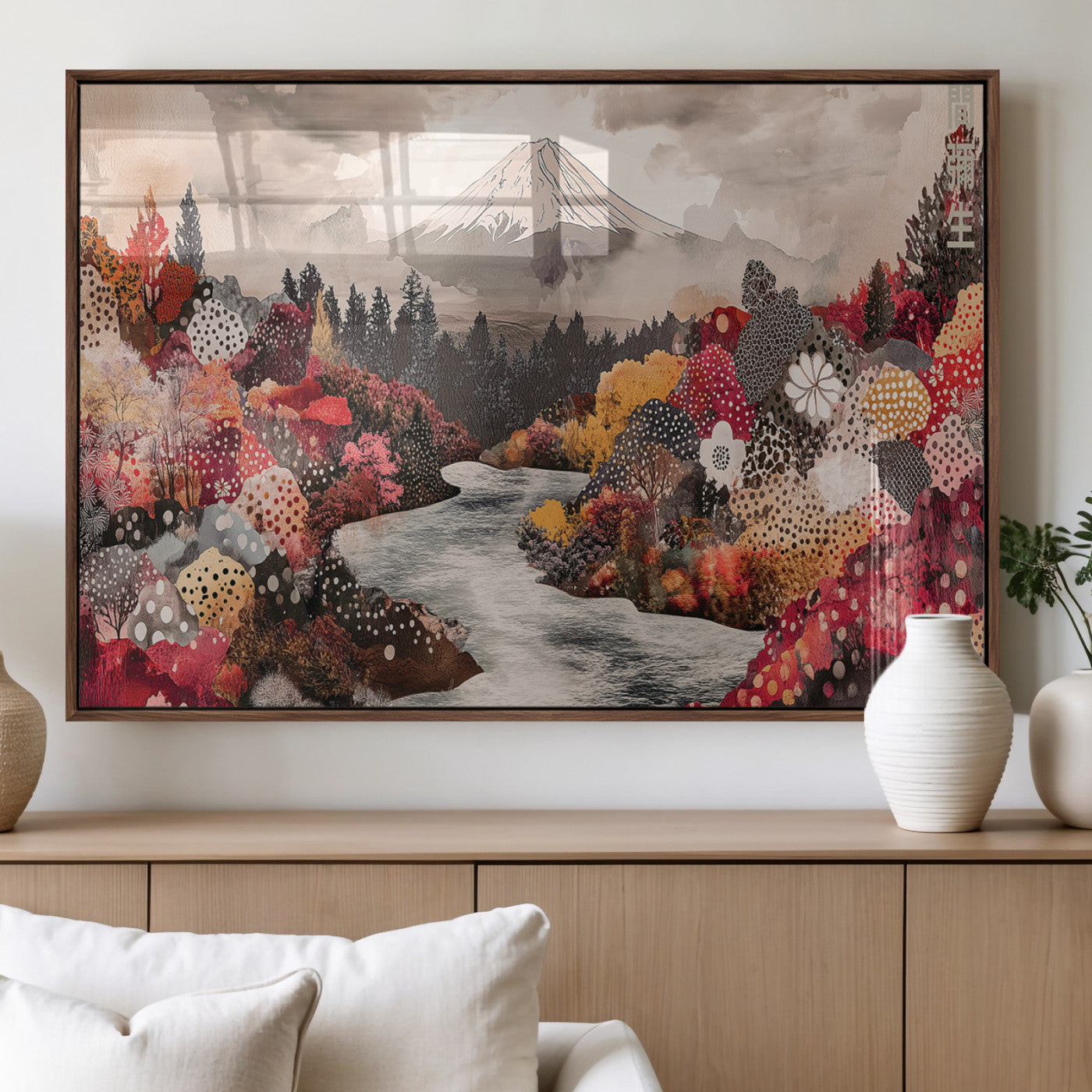A whimsical mountain landscape with floral autumn trees, river, and misty peak, ideal for cozy, cottagecore, and nature-inspired wall decor.