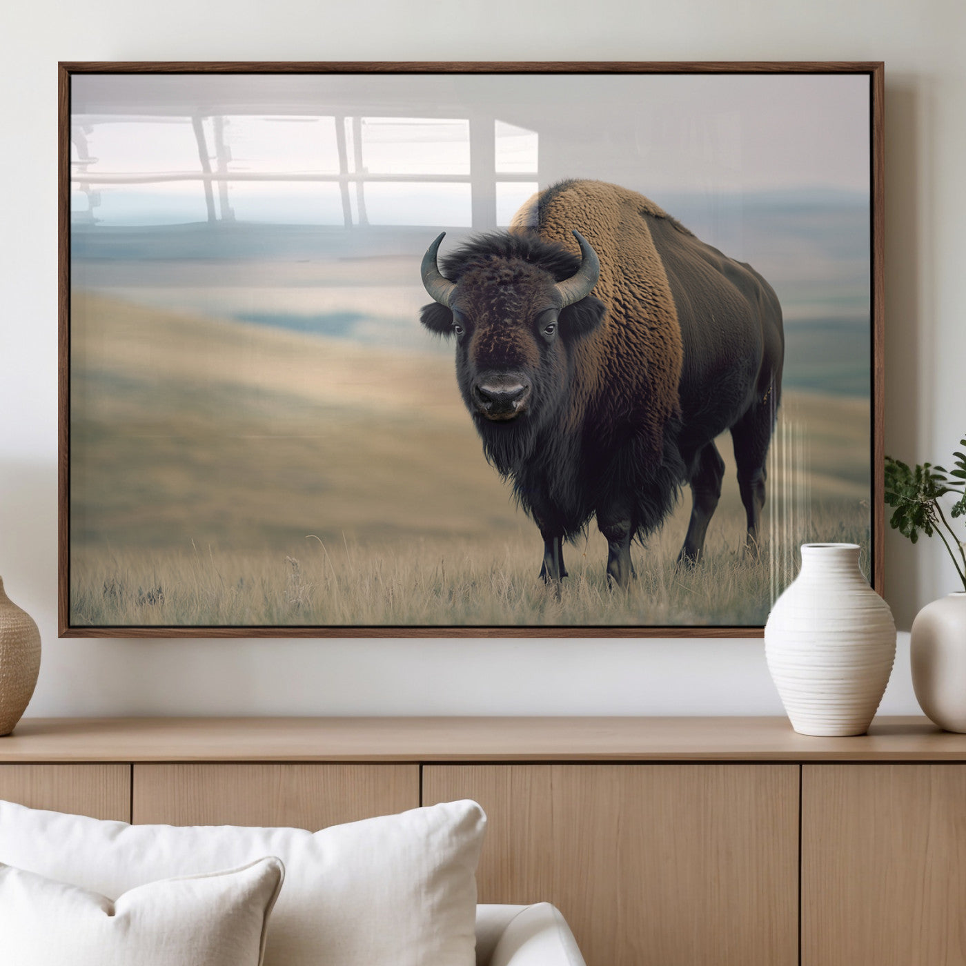 A bison standing strong on a grassy prairie with rolling hills in the background, perfect for rustic and Western-inspired wall decor.
