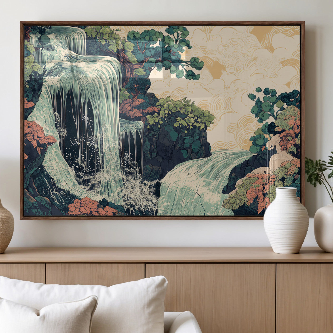Stylized waterfall flowing through rocky terrain and lush foliage in an oriental art style, ideal for peaceful and nature-themed interiors.