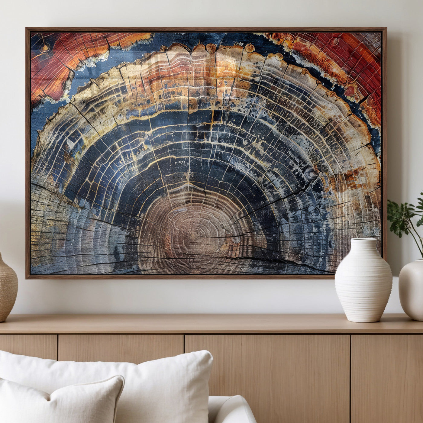 Close-up of petrified wood with rich earthy tones and intricate tree rings, highlighting natural texture and organic patterns.