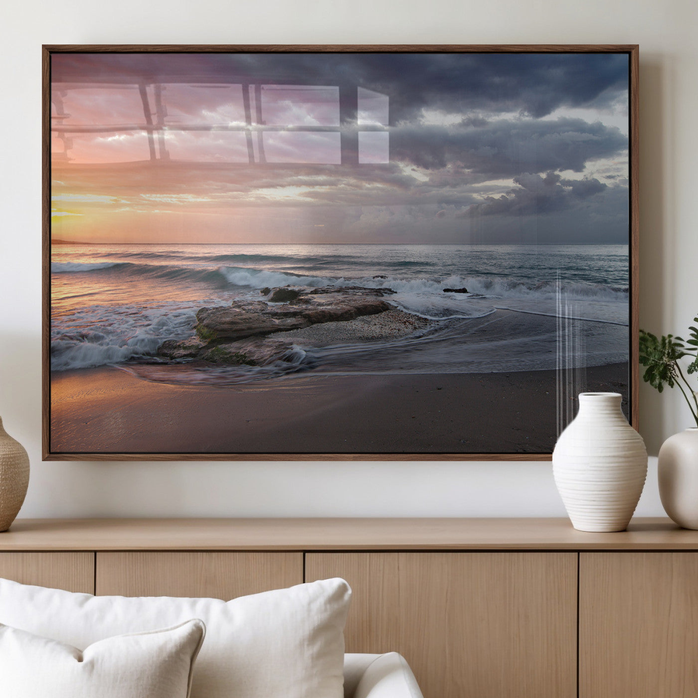 MGV-FP-60X30-3P - Golden Hour Wall Art Canvas Print, Framed Tranquil Waves Art Picture Print, Beach Perfect Coastal Serenity Decor Artwork