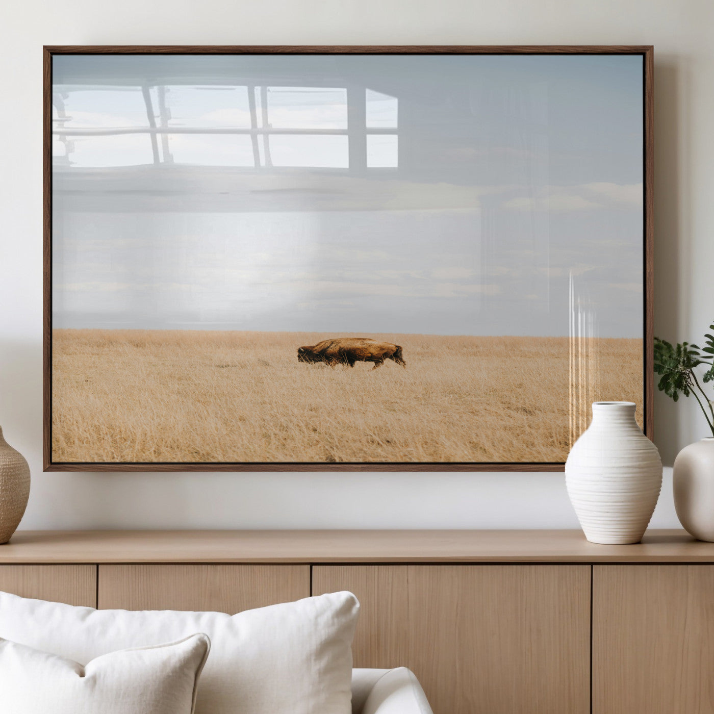 MGV-FP-36X24-3P - Minimalist Nature Wall Art Canvas Print, Framed Bison In Grassland Art Picture Print, Open Field Perfect Modern Ranch Decor Decor Artwork