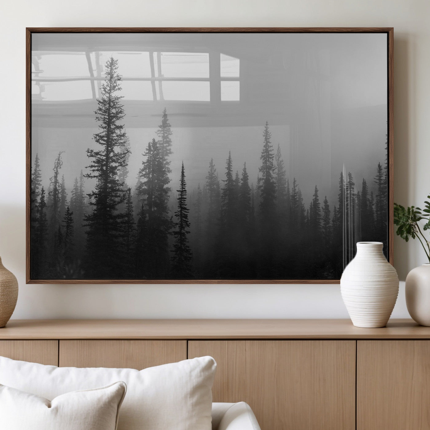MGV-FP-60X30-3P - Misty Pines Wall Art Canvas Print, Framed Woodland Photography Art Picture Print, Minimalist Decor Perfect Rustic Decor Artwork