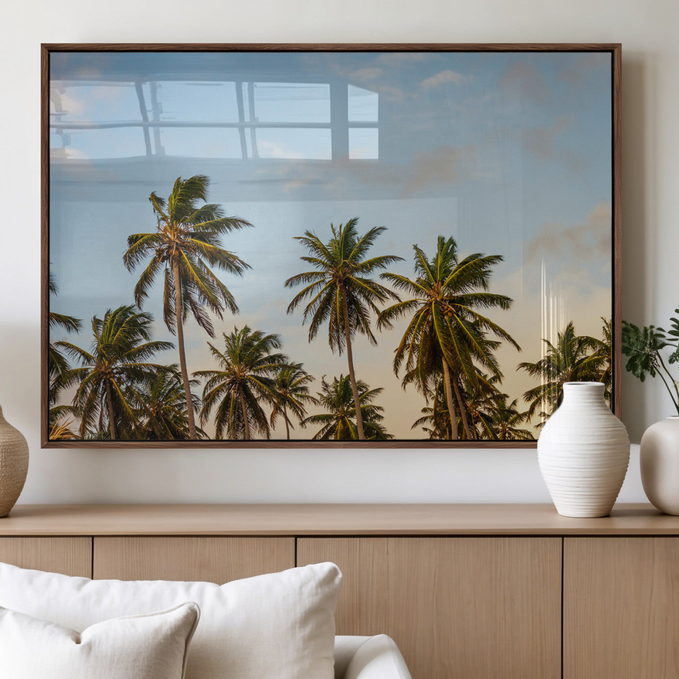 Tall palm trees swaying under a soft sunset sky, creating a tropical and relaxing atmosphere, perfect for coastal and beach-inspired wall art.