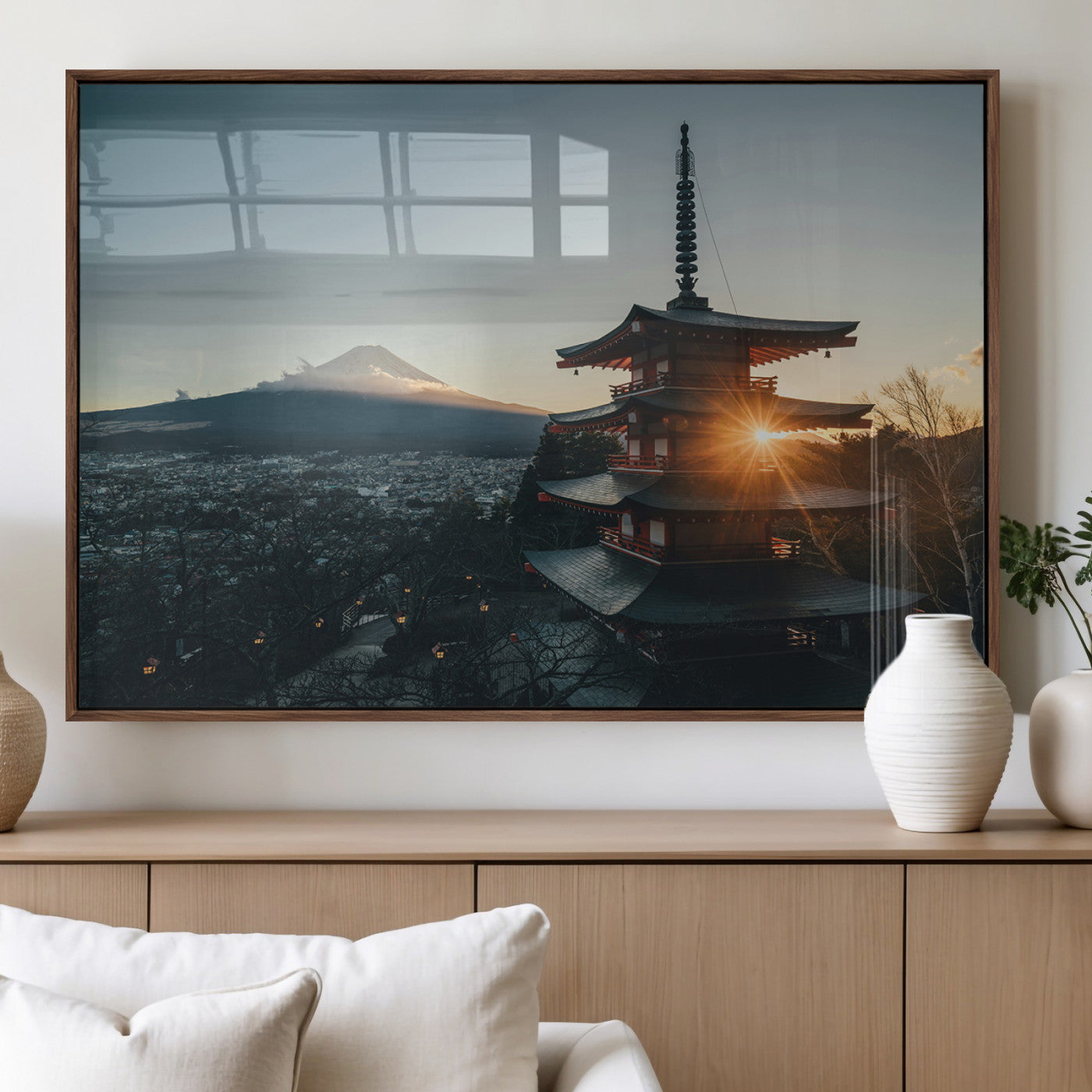 Chureito Pagoda at sunset with Mount Fuji in the background, city lights below, and golden sun rays, ideal for Japanese-inspired wall art.