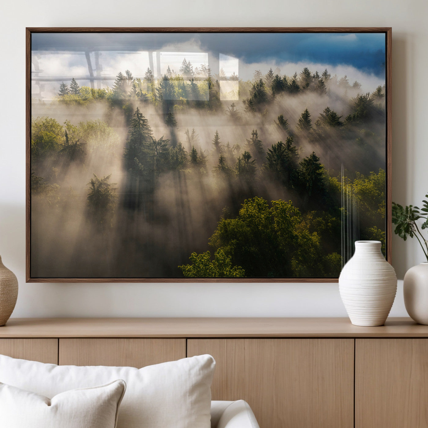 Sunlight streaming through misty pine trees in a lush green forest, creating a serene and atmospheric landscape, perfect for nature-inspired decor.