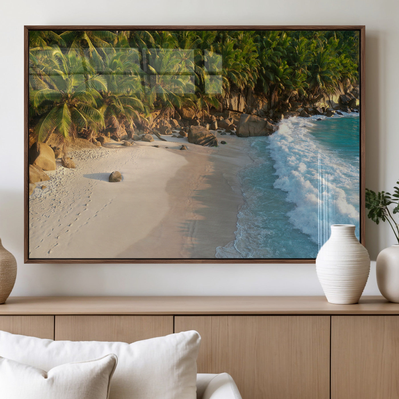 Tropical beach with golden sand, turquoise ocean waves, and lush palm trees, creating a serene coastal paradise for beach-themed decor.