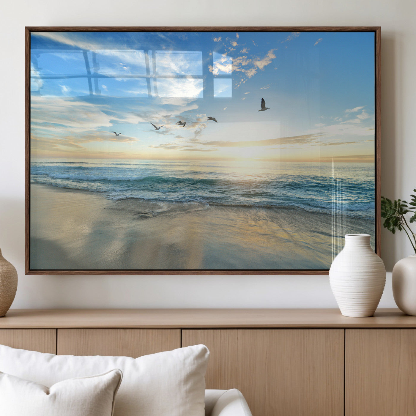 MGV-FP-60X30-3P - Minimalist Seaside Wall Art Canvas Print, Framed Morning Glow Art Picture Print, Golden Reflections Perfect Coastal Minimalist Decor Artwork