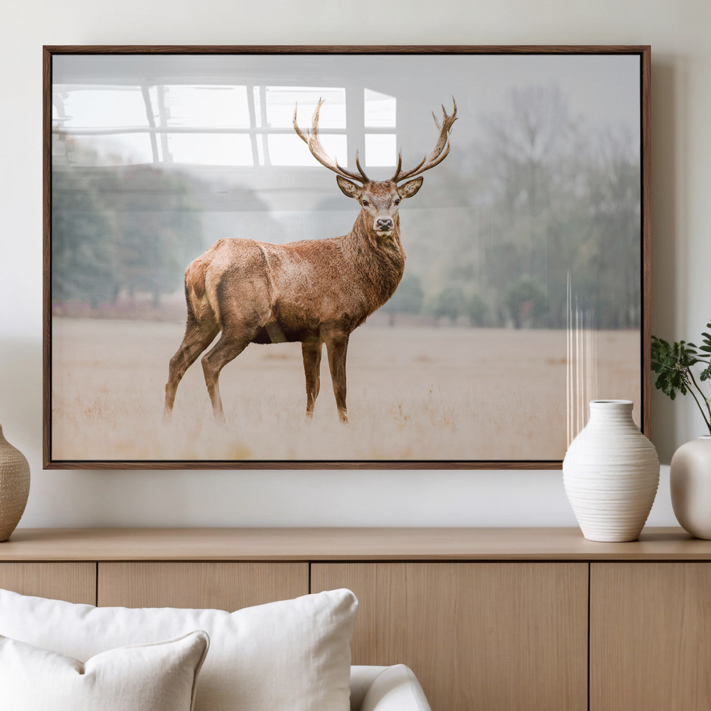 MGV-FP-36X24-3P - Vintage Wildlife Art Wall Art Canvas Print, Framed Misty Landscape Art Picture Print, Deer Wall Art Perfect Rustic Wildlife Decor Artwork