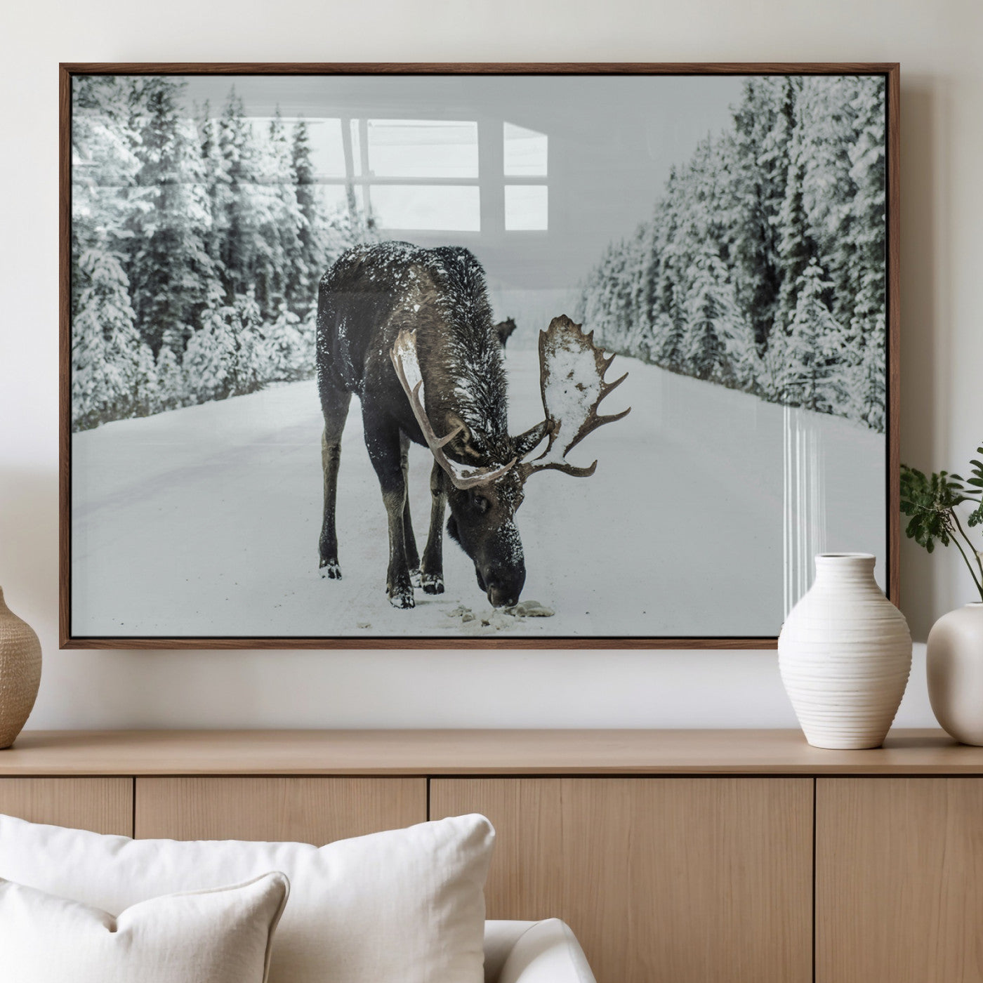 MGV-FP-60X30-3P - Moose in Snow Wall Art Canvas Print, Framed Winter Wildlife Art Picture Print, Snowy Forest Scene Perfect Rustic Lodge Decor Artwork