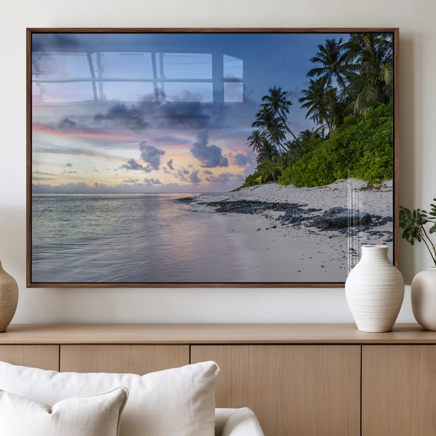 MGV-FP-60X30-3P - Tropical Beach Wall Art Canvas Print, Framed Sunset Glow Art Picture Print, Palm Tree Coast Perfect Tropical Coastal Decor Artwork