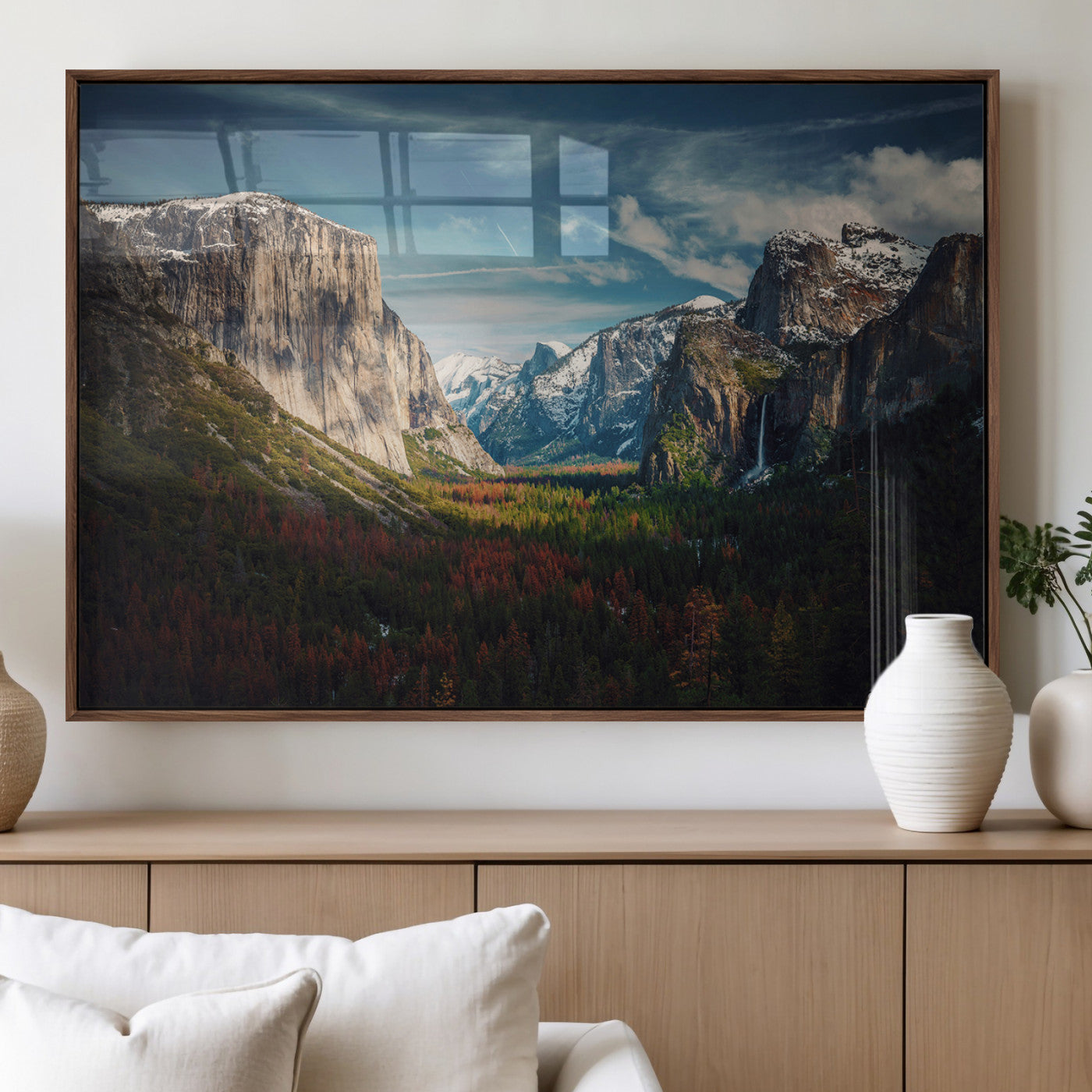 Framed canvas print of Yosemite National Park, featuring El Capitan and a scenic waterfall, ideal for rustic farmhouse or adventure-themed home decor.
