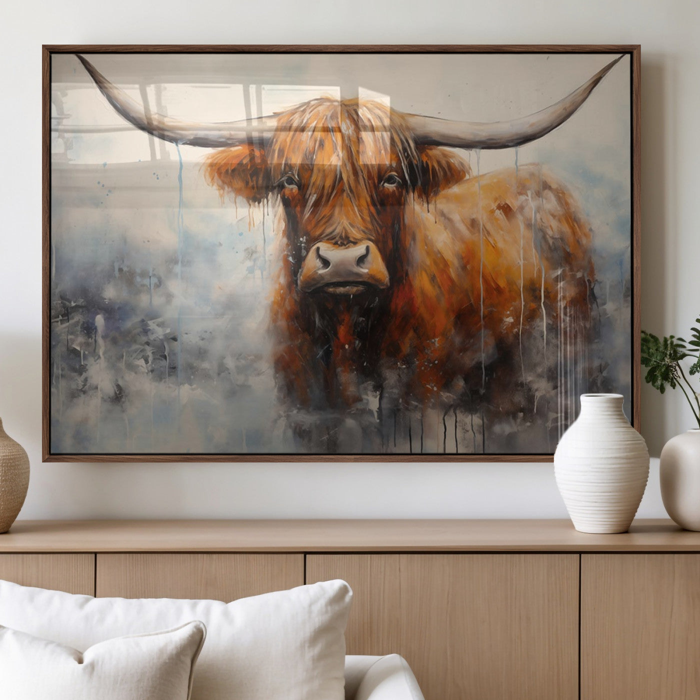 MGV-FP-60X30-3P - Scottish Highland Wall Art Canvas Print, Framed Longhorn Art Picture Print, Western Cow Perfect Farmhouse Decor Artwork