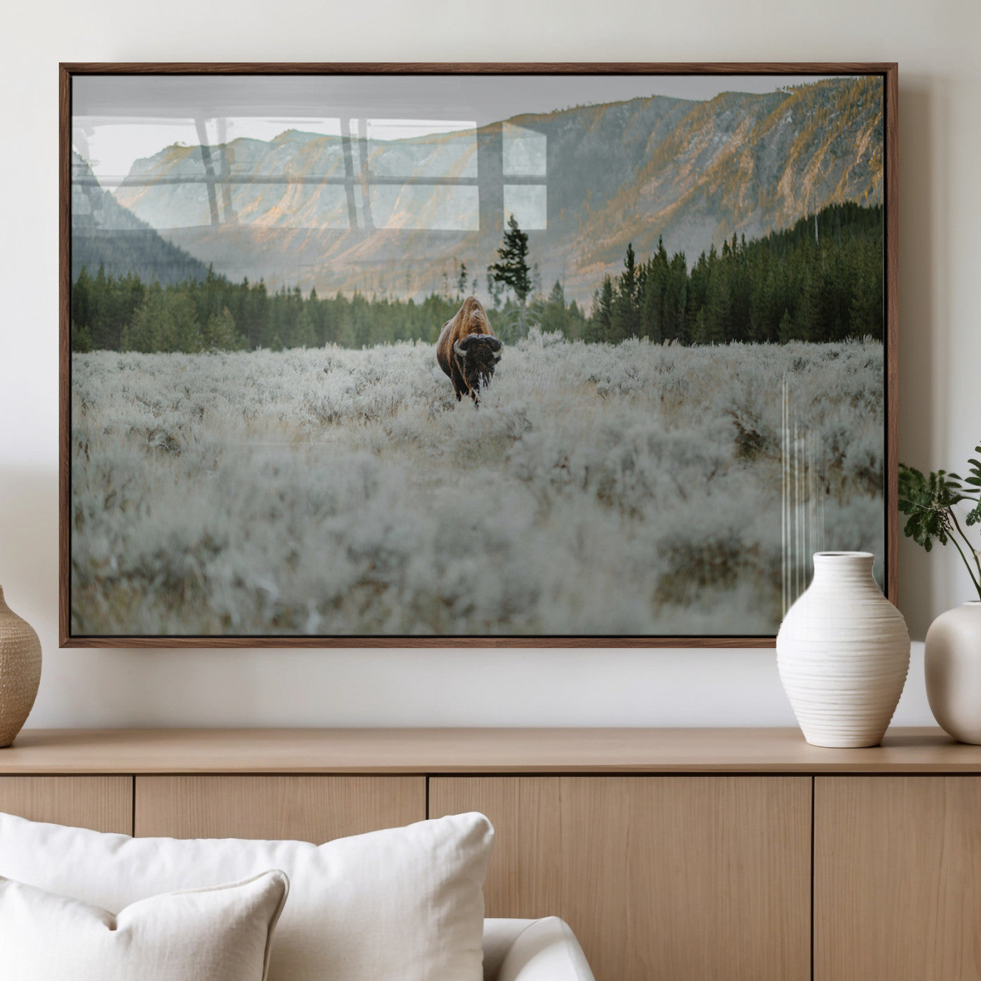 Lone bison standing in a frosted sagebrush field with a pine forest and rugged mountain range in the background under soft morning light – Wall Art Canvas Print.
