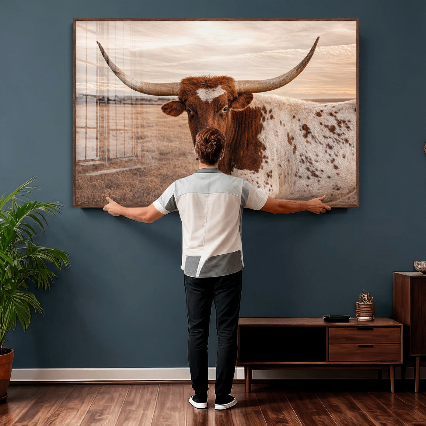 95745718-MGV-CV-36X24 - Longhorn Cow Wall Art – Texas Bull Canvas Print, Rustic Farm Cattle Photography, Western Animal Decor for Country Home, Living Room or Game Room