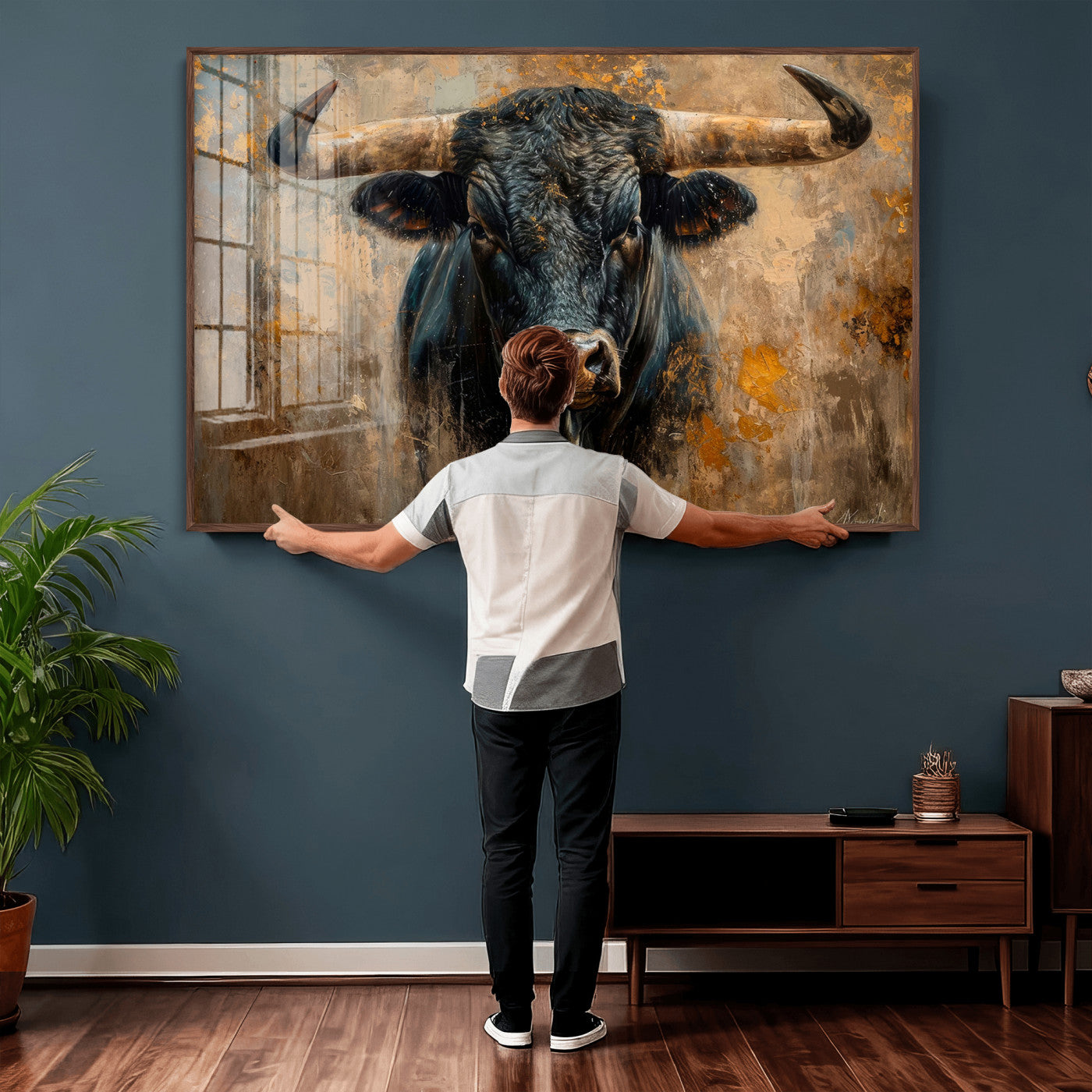 91615410-MGV-CV-36X24 - Abstract Texas Longhorn Bull Wall Art – Rustic Farmhouse Canvas Print, Western Cabin Style Decor, Large Animal Artwork for Living Room or Office