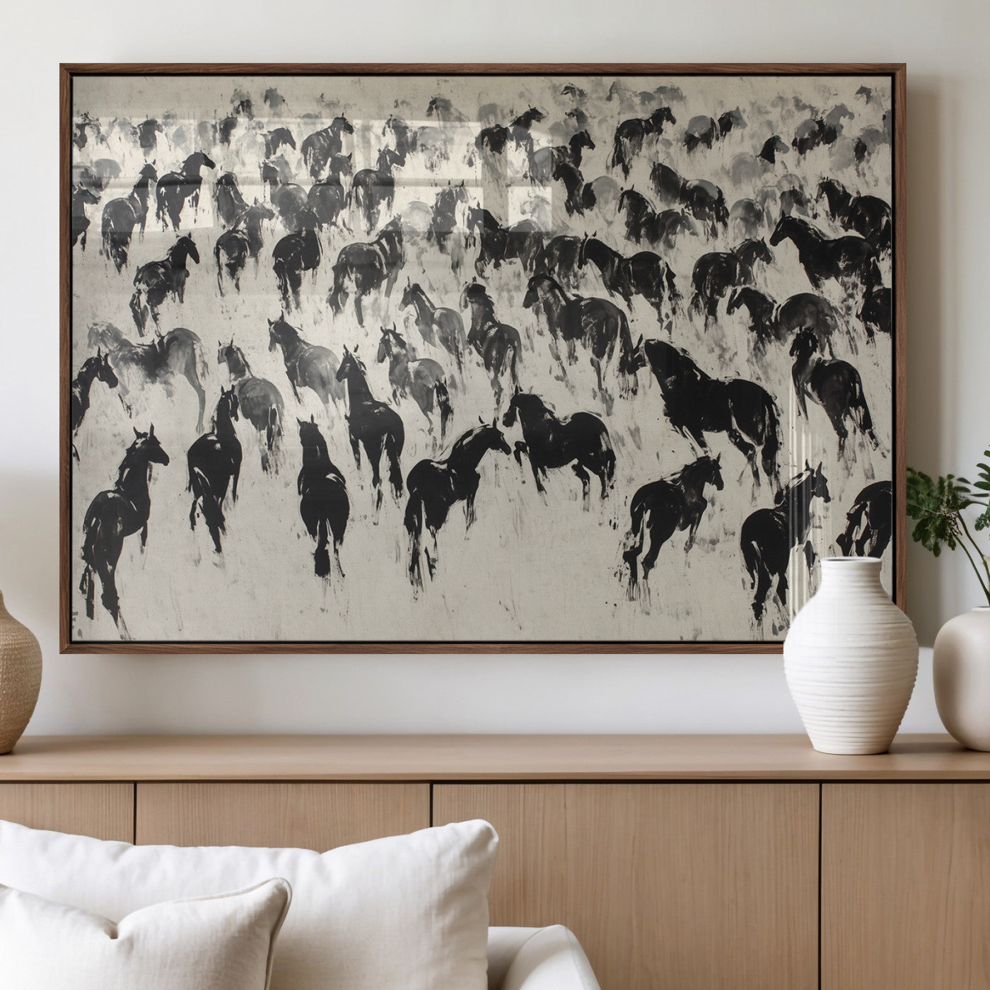 MGV-FP-36X24-3P - Wild Horse Stampede Wall Art Canvas Print – Monochrome Ink Brush Painting of Running Horses, Perfect