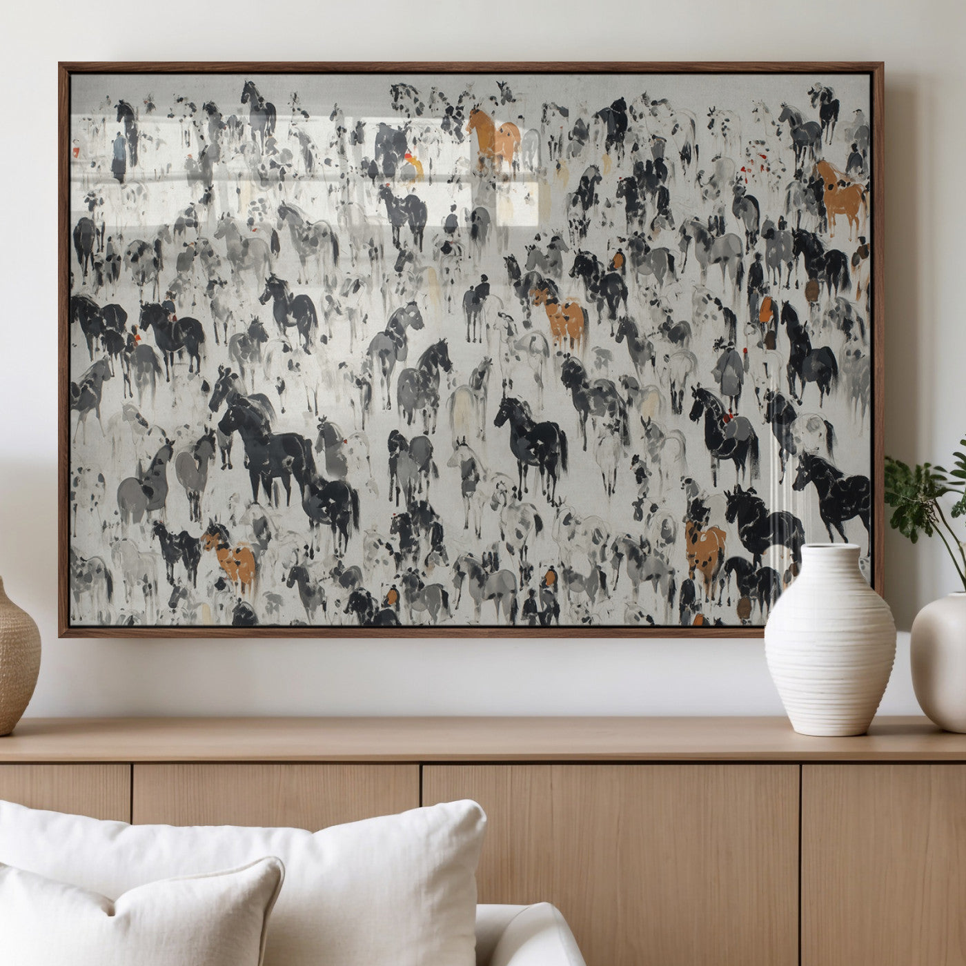 MGV-FP-60X30-3P - Wild Horse Stampede Wall Art Canvas Print – Monochrome Ink Brush Painting of Running Horses, Perfect