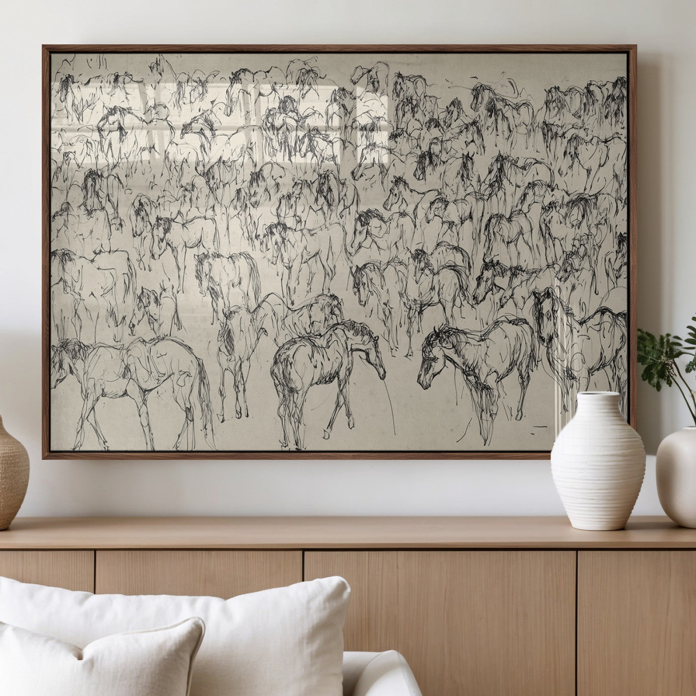 MGV-FP-36X24-3P - Wild Horse Stampede Wall Art Canvas Print – Monochrome Ink Brush Painting of Running Horses, Perfect