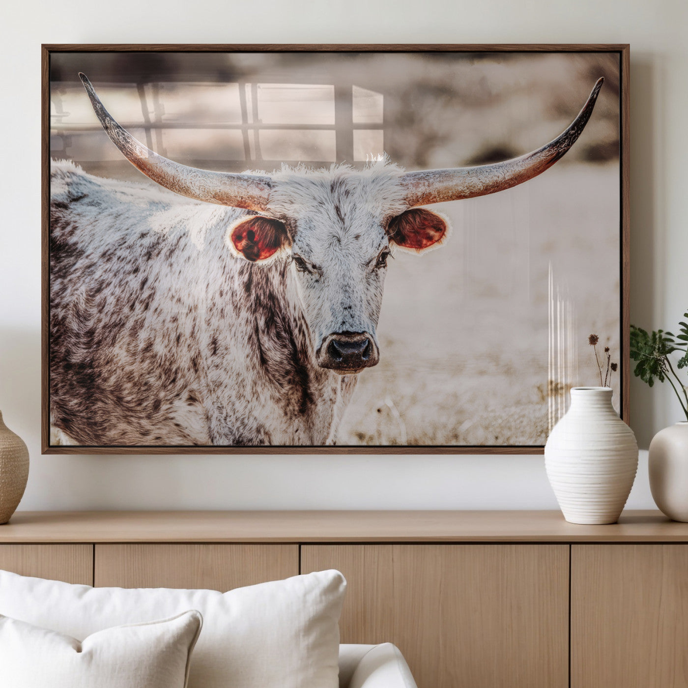 Close-up photograph of a white and brown speckled longhorn cow with very large, curved horns standing in a sunlit field with dry grass and blurred background.