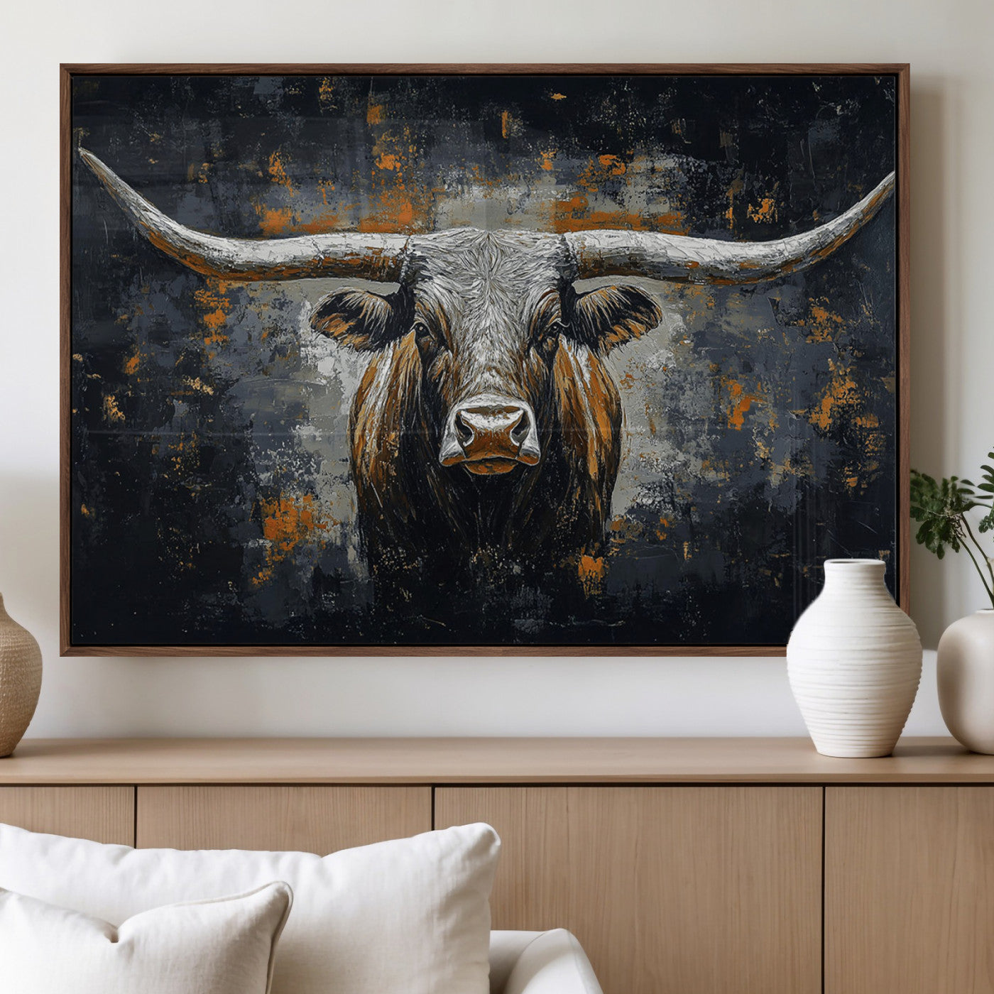 93195031-MGV-CV-60X30-3P_Black-Rustic Longhorn Bull Wall Art Canvas Print – Vintage Western Cattle Painting, Texas Steer Artwork for Ranch, Farmhouse or Cowboy Decor