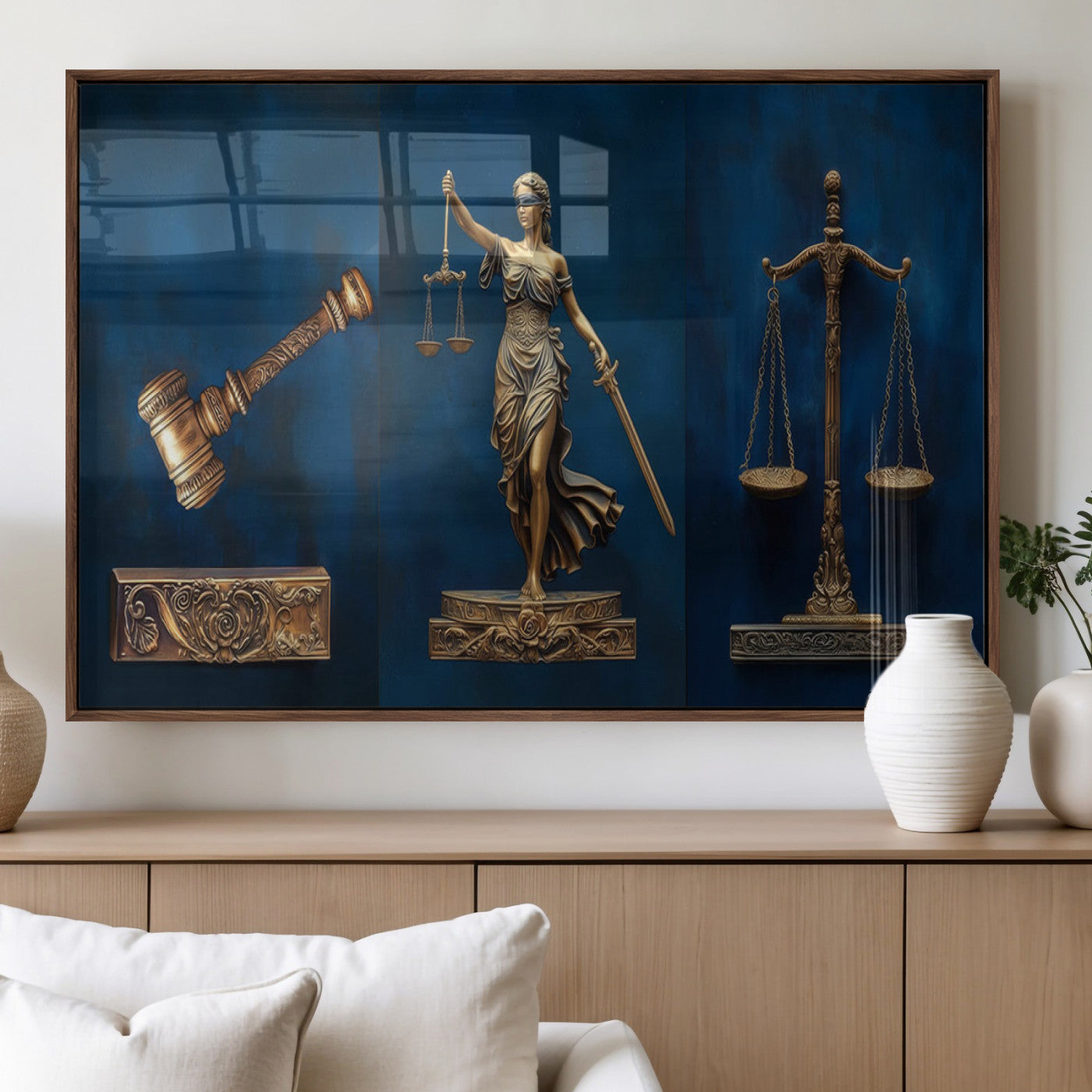 MGV-FP-36X24-3P - Lady Justice Wall Art Canvas Print – Elegant Gold Legal Symbols on Blue Background, Perfect for Law
