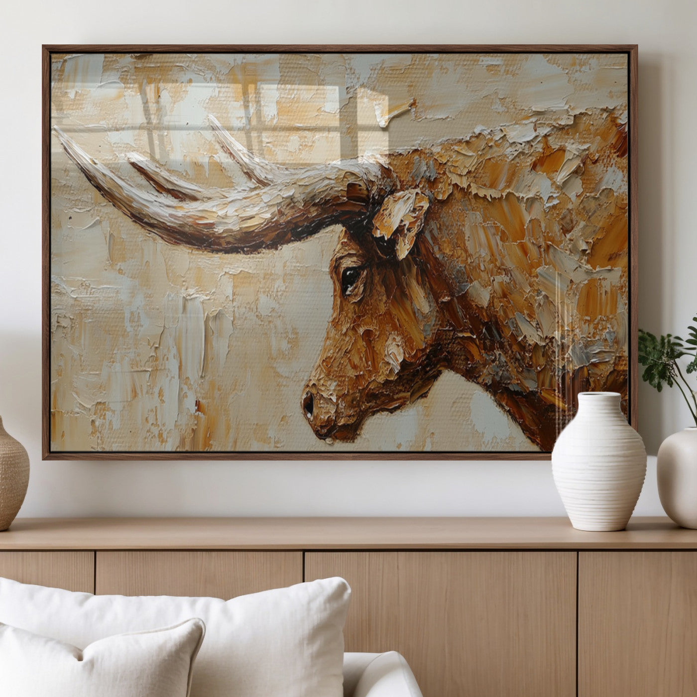 MGV-FP-60X30-3P - Rustic Longhorn Bull Wall Art Canvas Print – Vintage Western Cattle Painting, Texas Steer Artwork