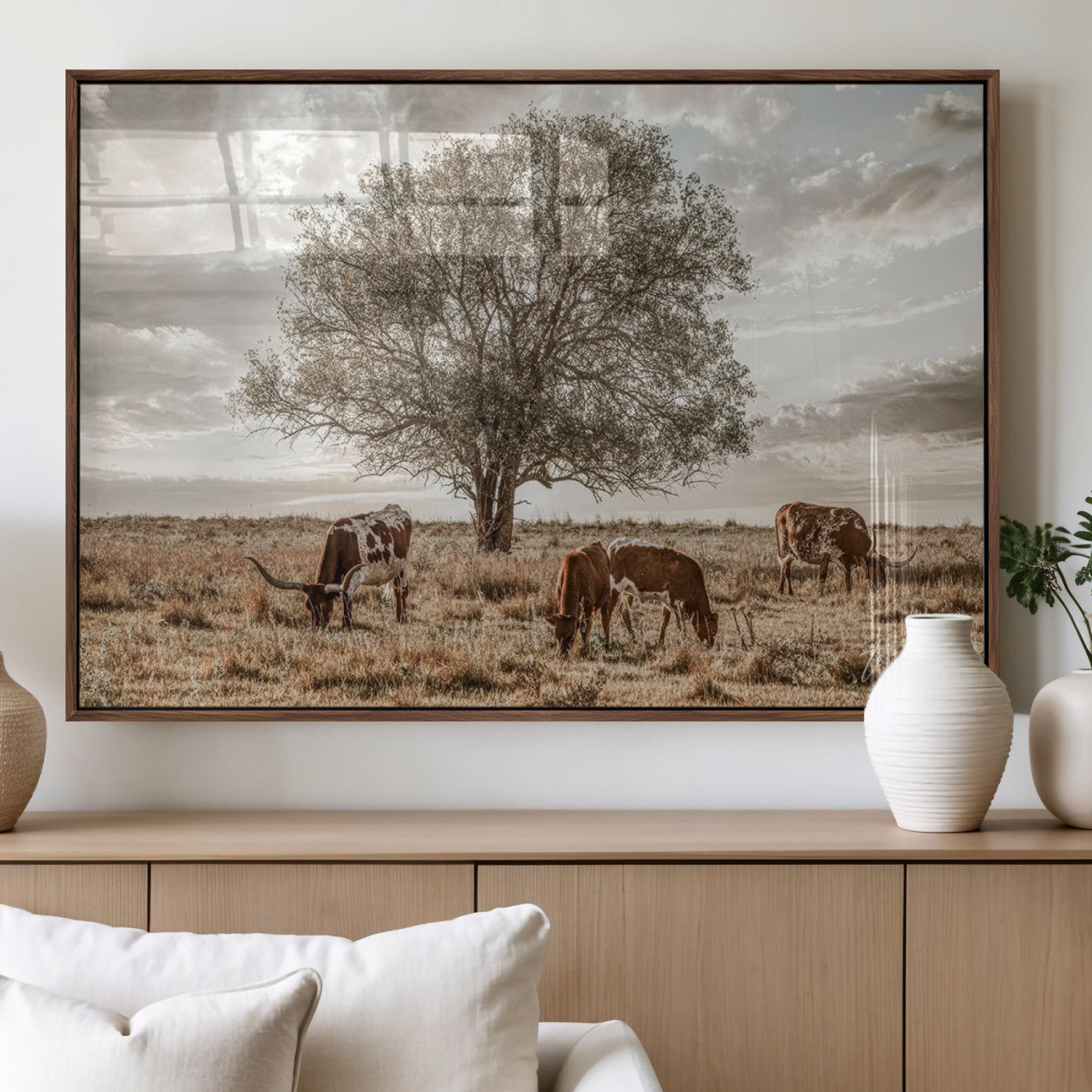 Texas Longhorn Cattle Wall Art Canvas Print – Rustic Western Ranch Scene with Steers at Sunset, Perfect for Farmhouse or Cowboy Decor