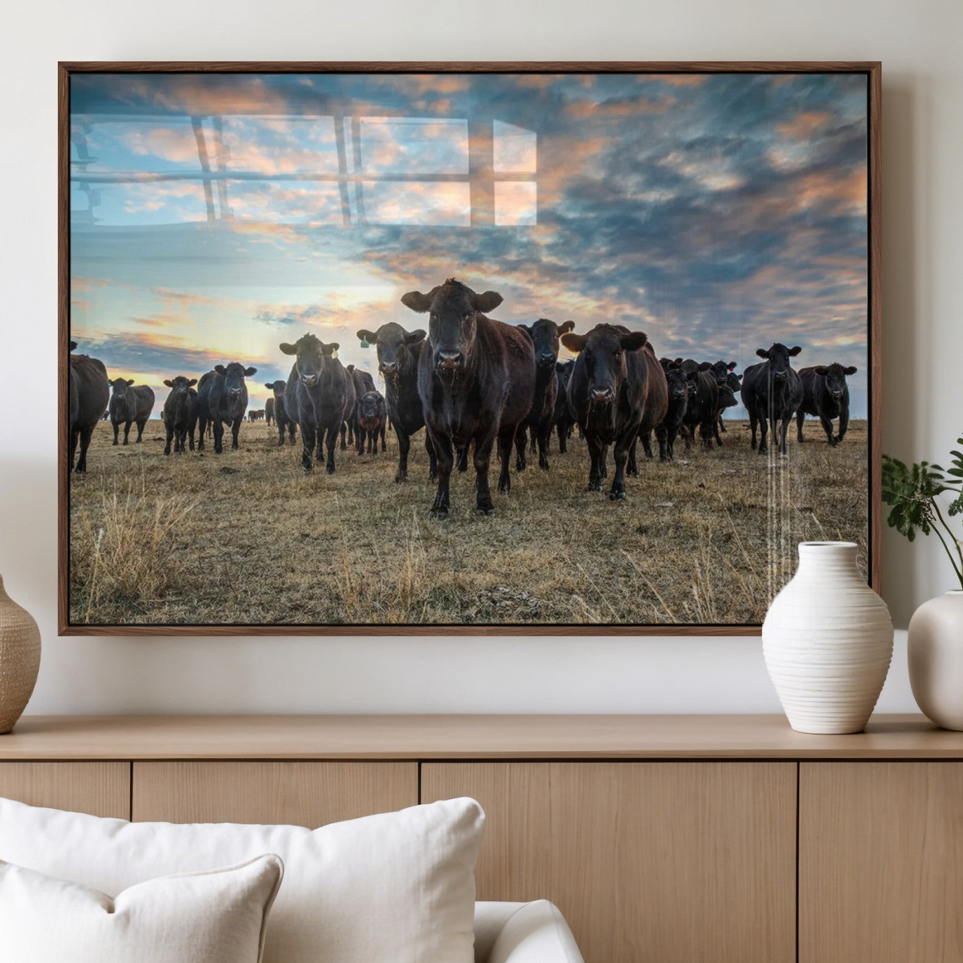 MGV-FP-60X30-3P - Texas Longhorn Cattle Wall Art Canvas Print – Rustic Western Ranch Scene with Steers at Sunset,