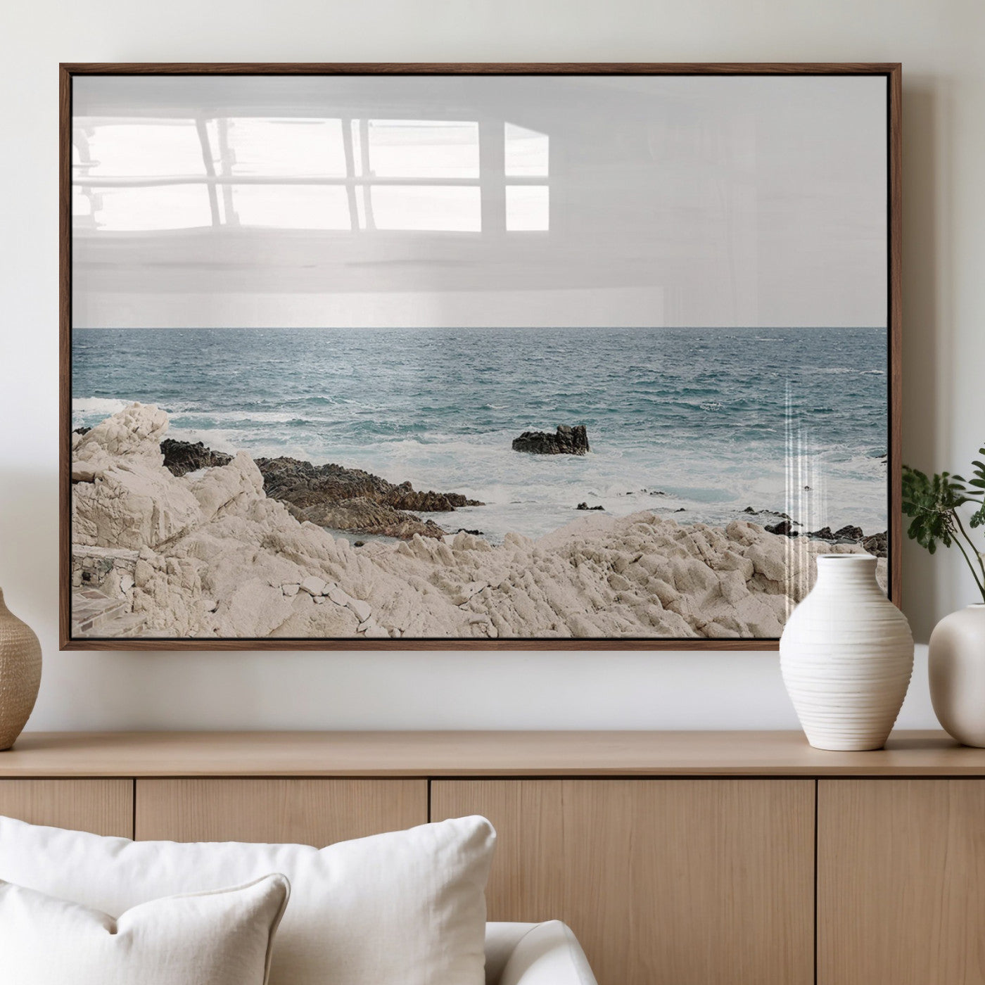 MGV-FP-60X30-3P - Coastal Ocean View Wall Art Canvas Print – Serene Rocky Shoreline and Blue Sea Photography for