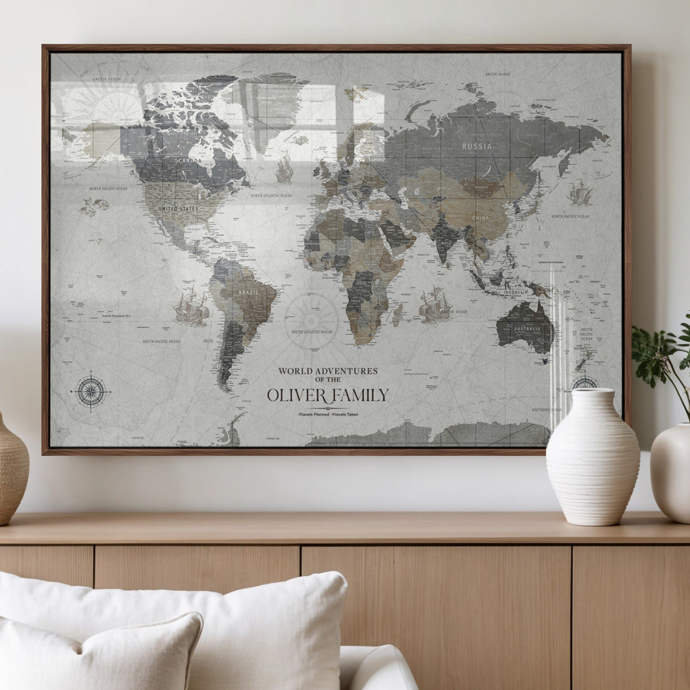 MGV-FP-36X24-3P - Custom Push Pin World Map Wall Canvas Print – Personalized Travel Tracker with Pins – Framed Large Multi-Size Canvas for Home Office Decor