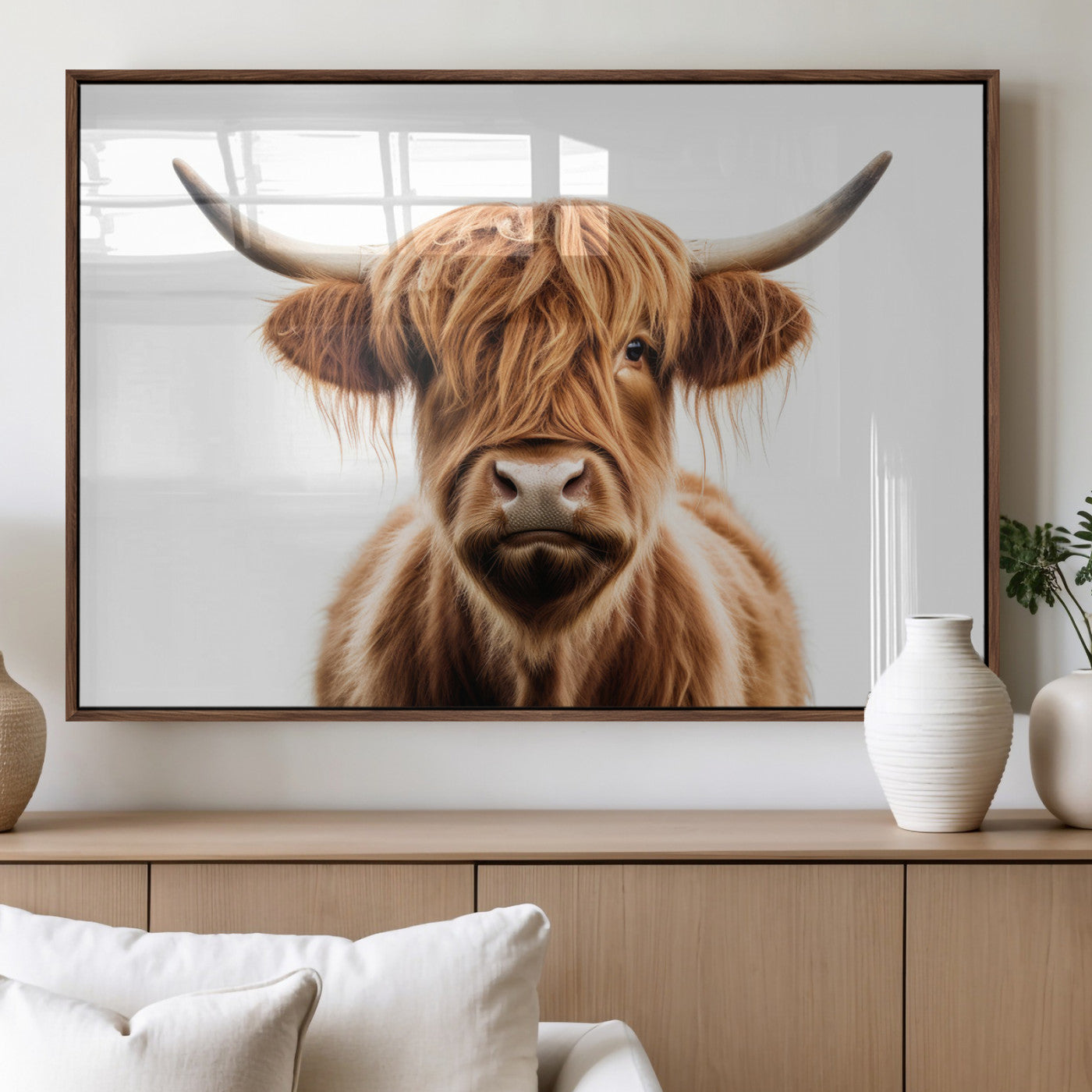 637908607-MGV-FP-36X24-3P_Walnut-Scottish Highland Cow Canvas Print, Framed Highland Cow Canvas Home Decor