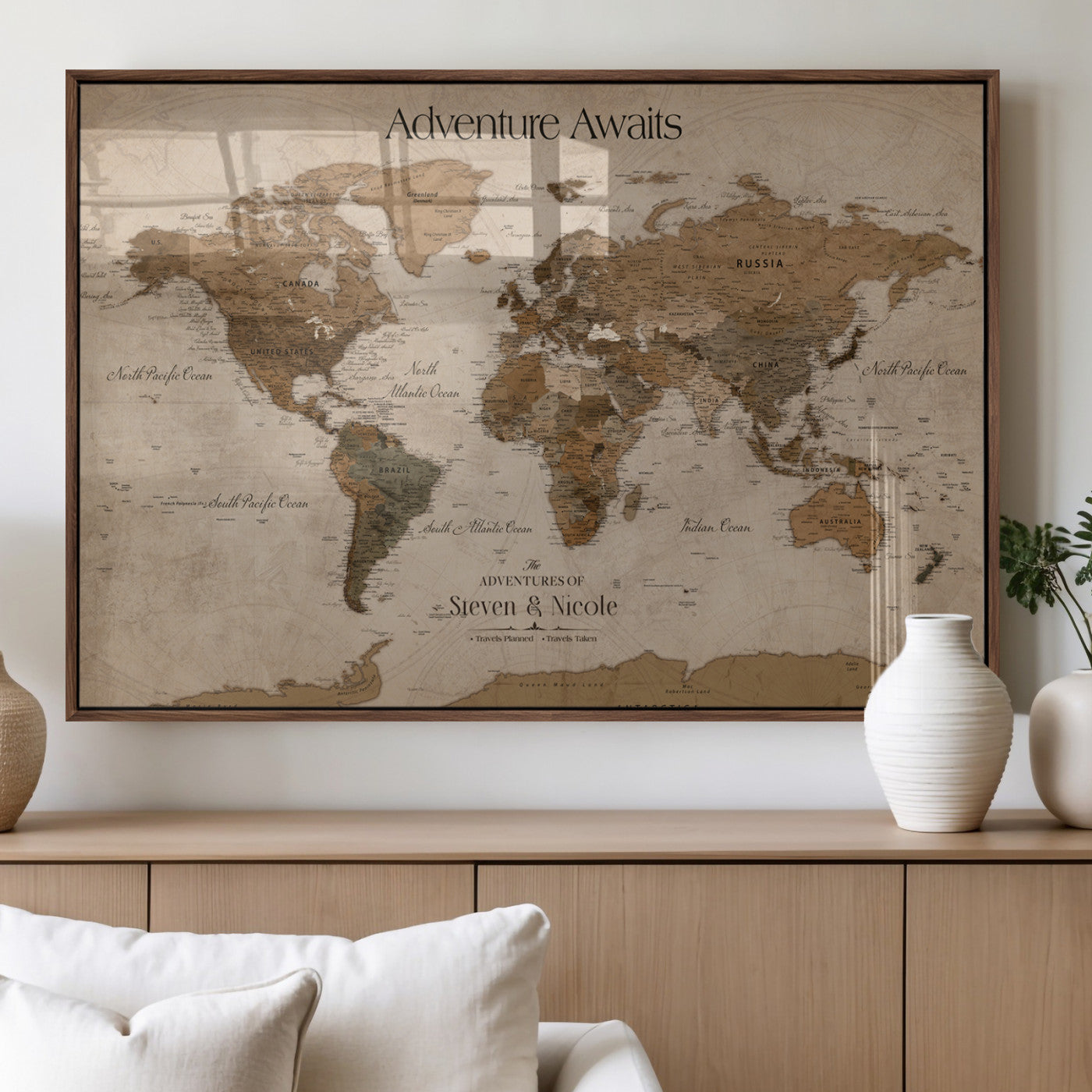 MGV-FP-36X24-3P - Custom Push Pin World Map Wall Canvas Print – Personalized Travel Tracker with Pins – Framed Custom Quotie Canvas for Home Office Decor