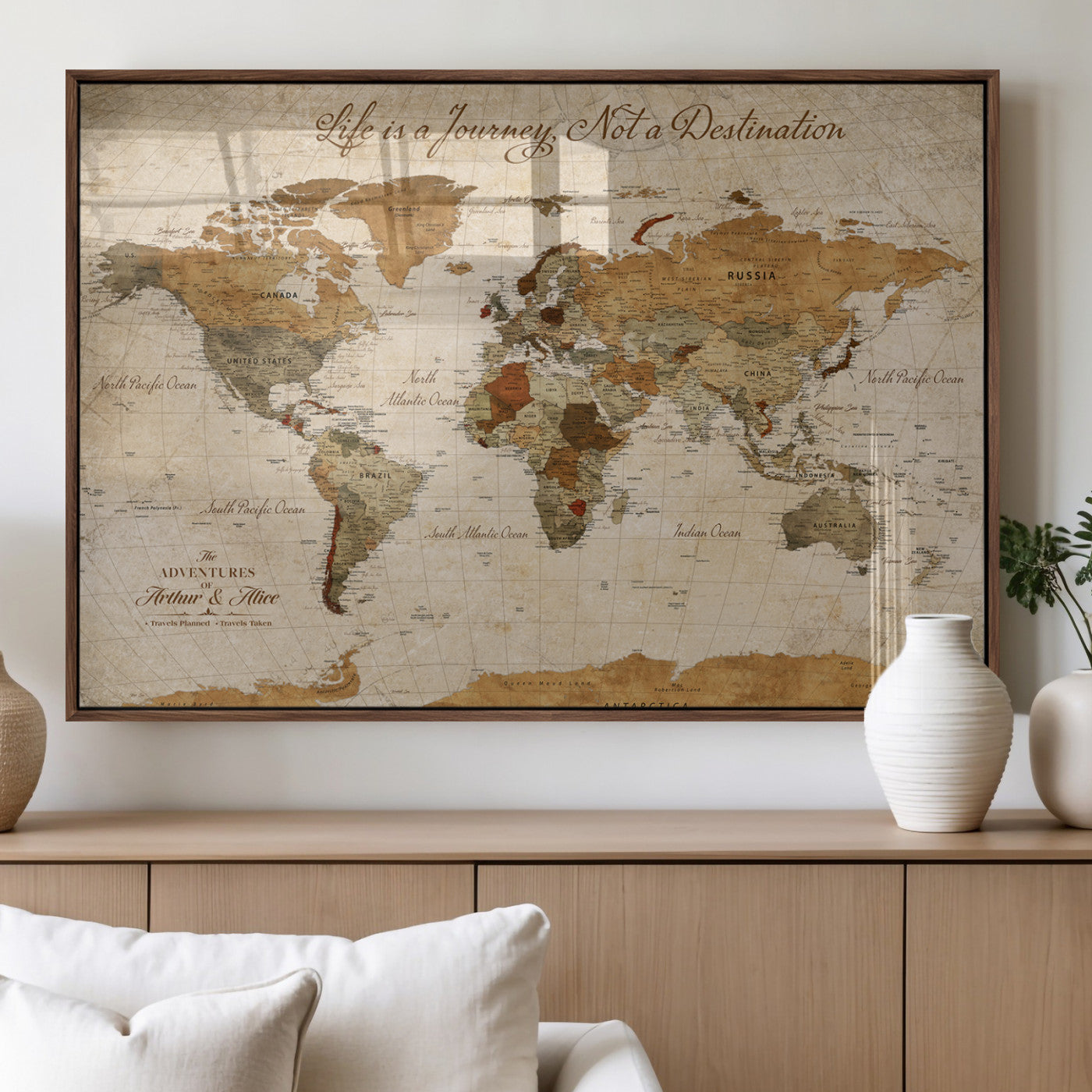 MGV-FP-36X24-3P - Customizable Framed World Map Wall Art, Personalized Push Pin Travel Maps Canvas Print, Handcrafted in USA, 100 Pins with Foam Backing