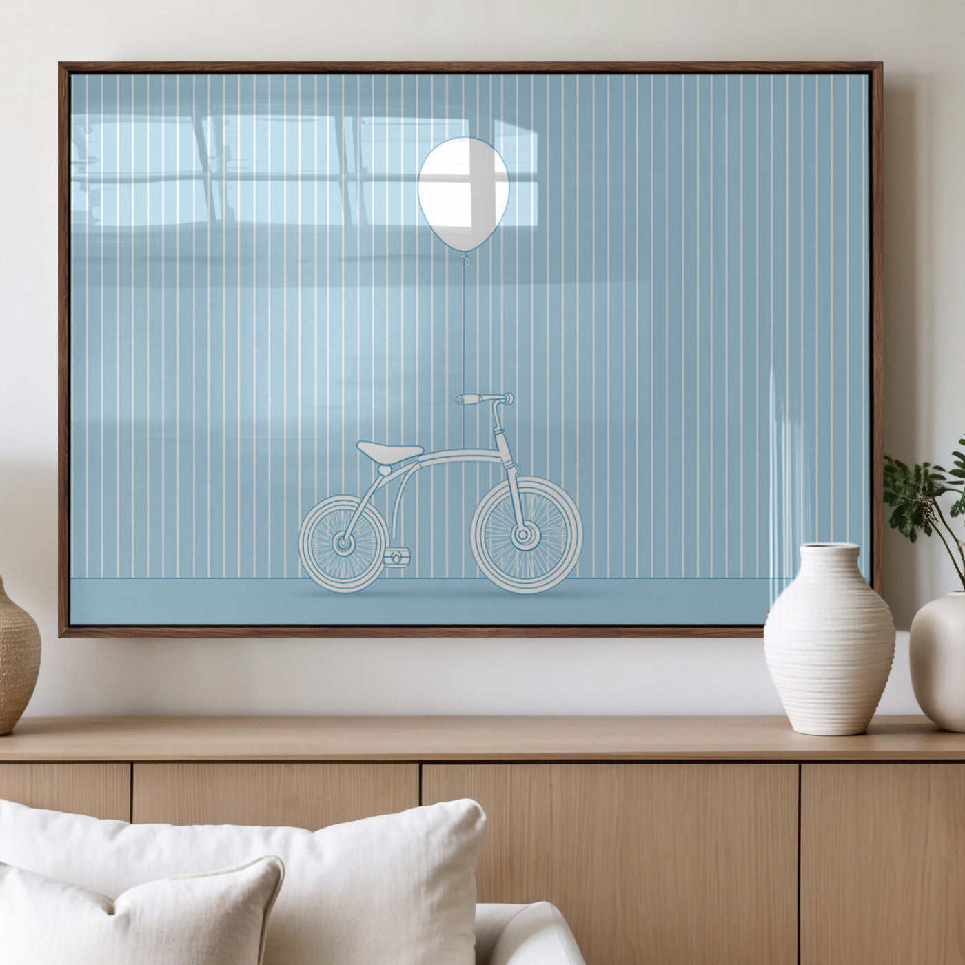 A minimalistic blue line drawing of a bicycle with a balloon floating above it, set against a soft striped background.