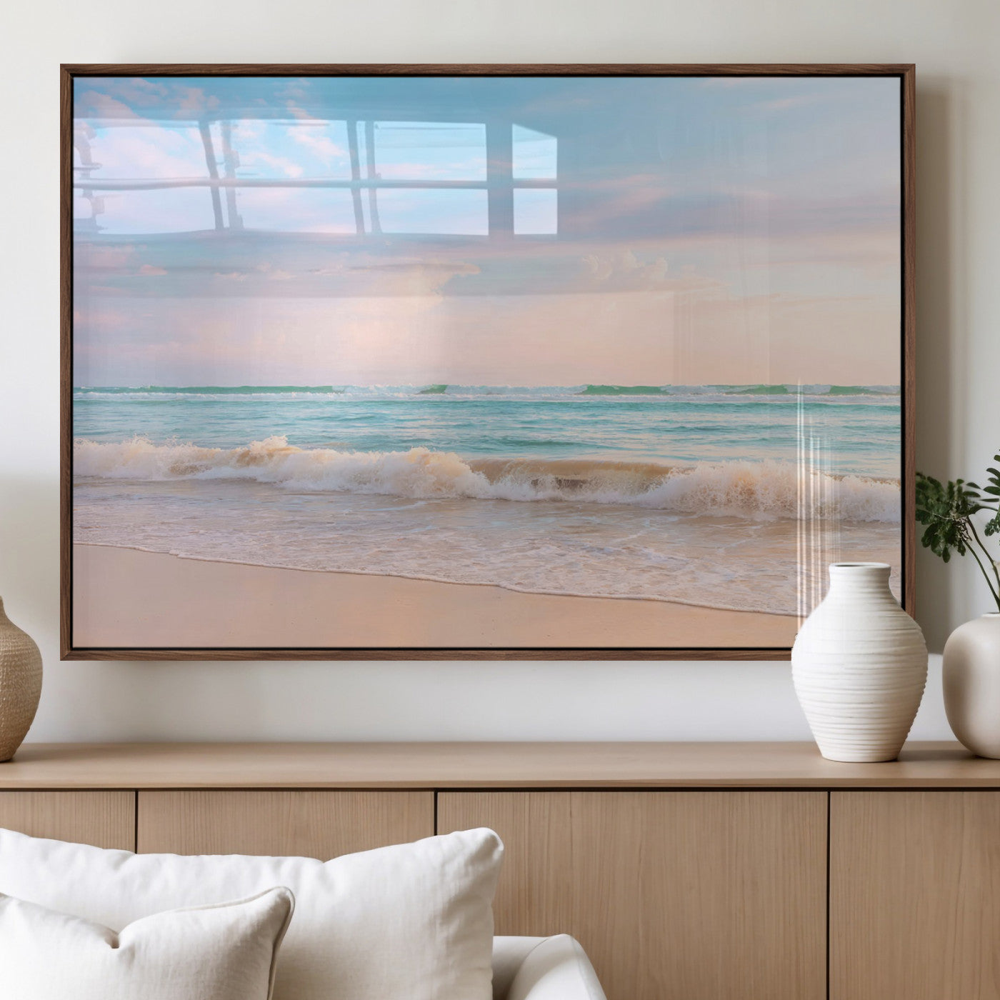 A peaceful beach scene with soft pastel skies, gentle waves washing up on the sandy shore, creating a calm and serene ocean view.