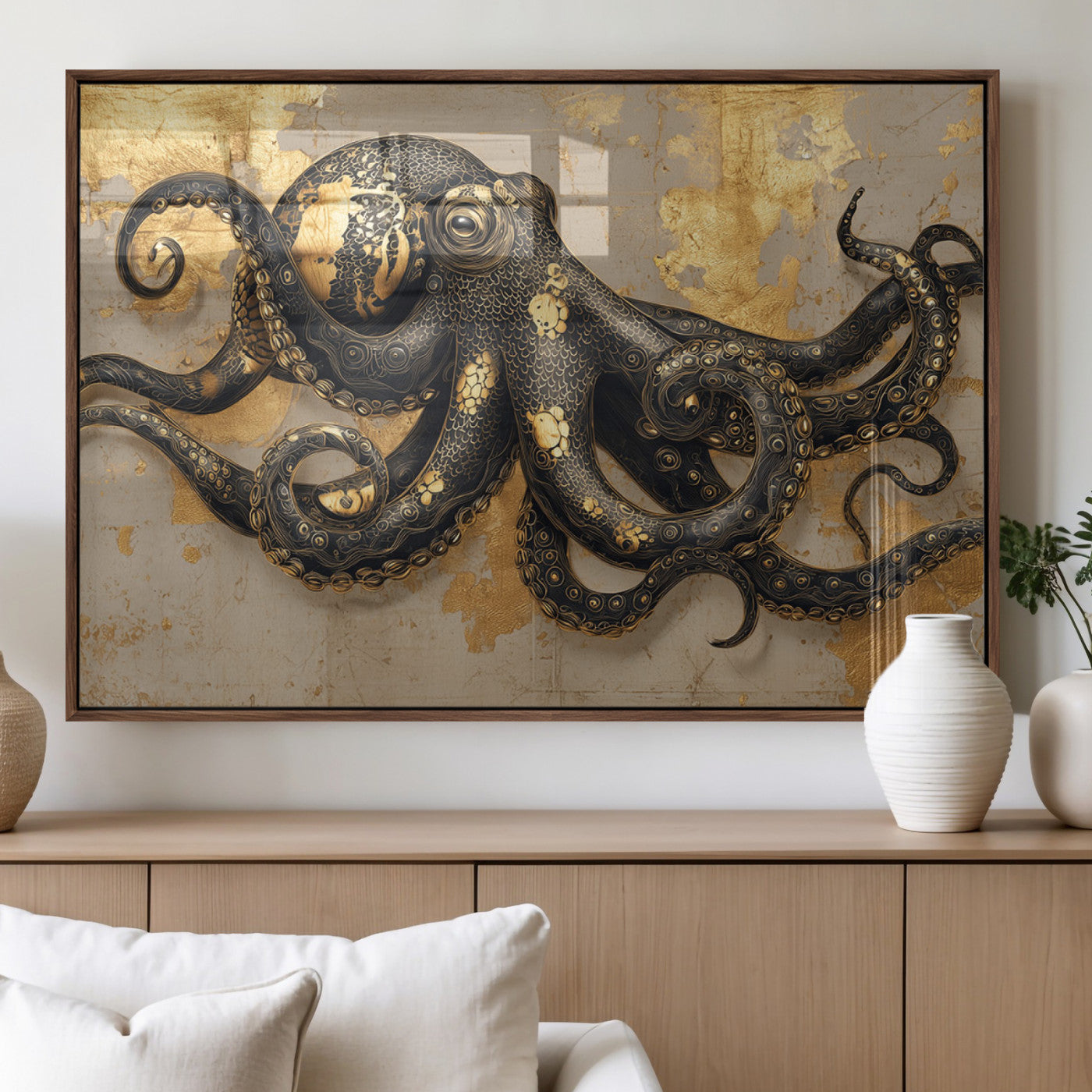 A stunning golden and black illustration of an octopus on a textured background with gold leaf accents, highlighting its intricate tentacles and unique design.