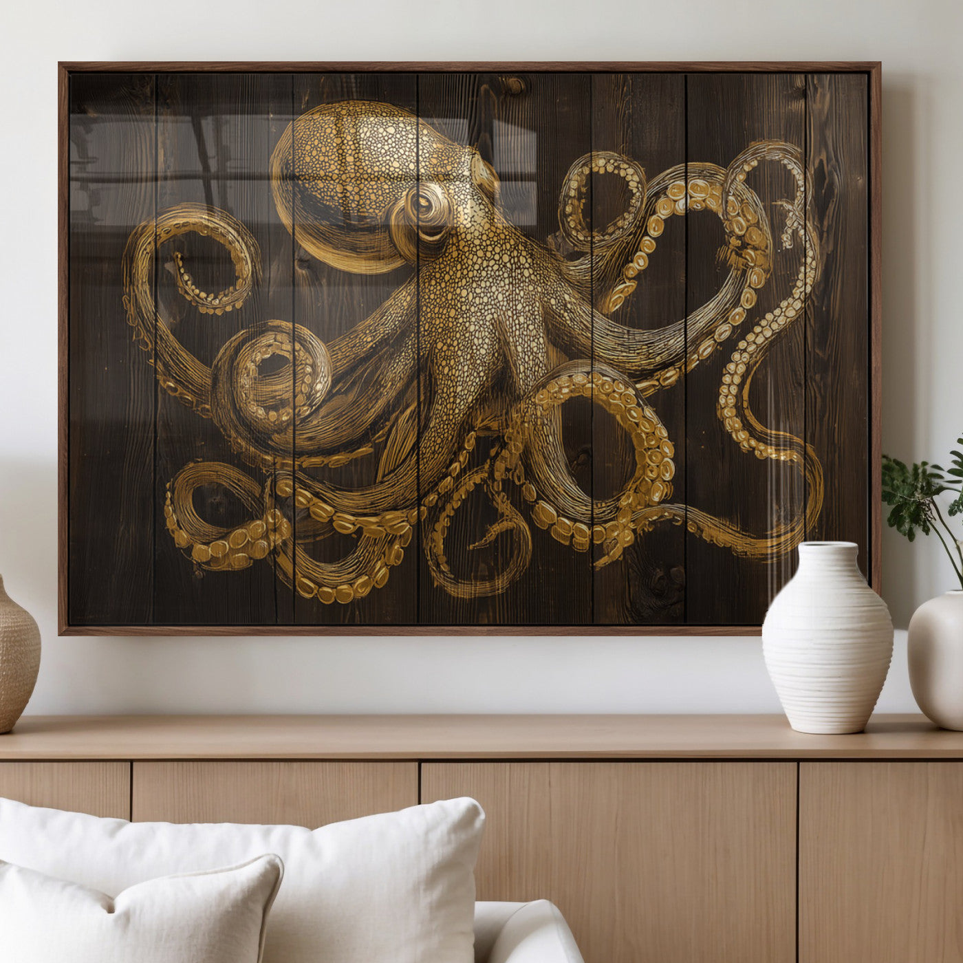 An artistic rendering of an octopus in gold ink on wooden planks, showcasing intricate details of its tentacles and textured skin.