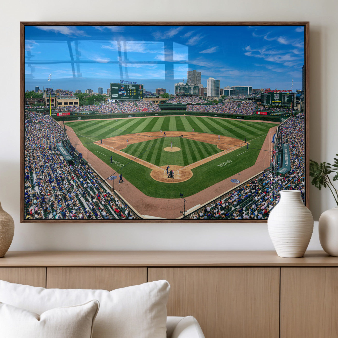 Wrigley Field Baseball Stadium Canvas Wall Art, Packed Crowd Sports Stadium Print, City Skyline Baseball Field Canvas for Game Room Decor