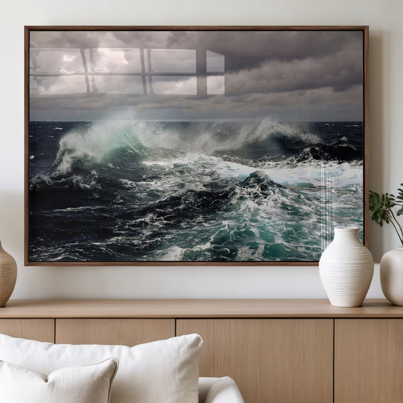 Powerful ocean waves crashing under stormy skies, creating a dynamic and intense seascape.