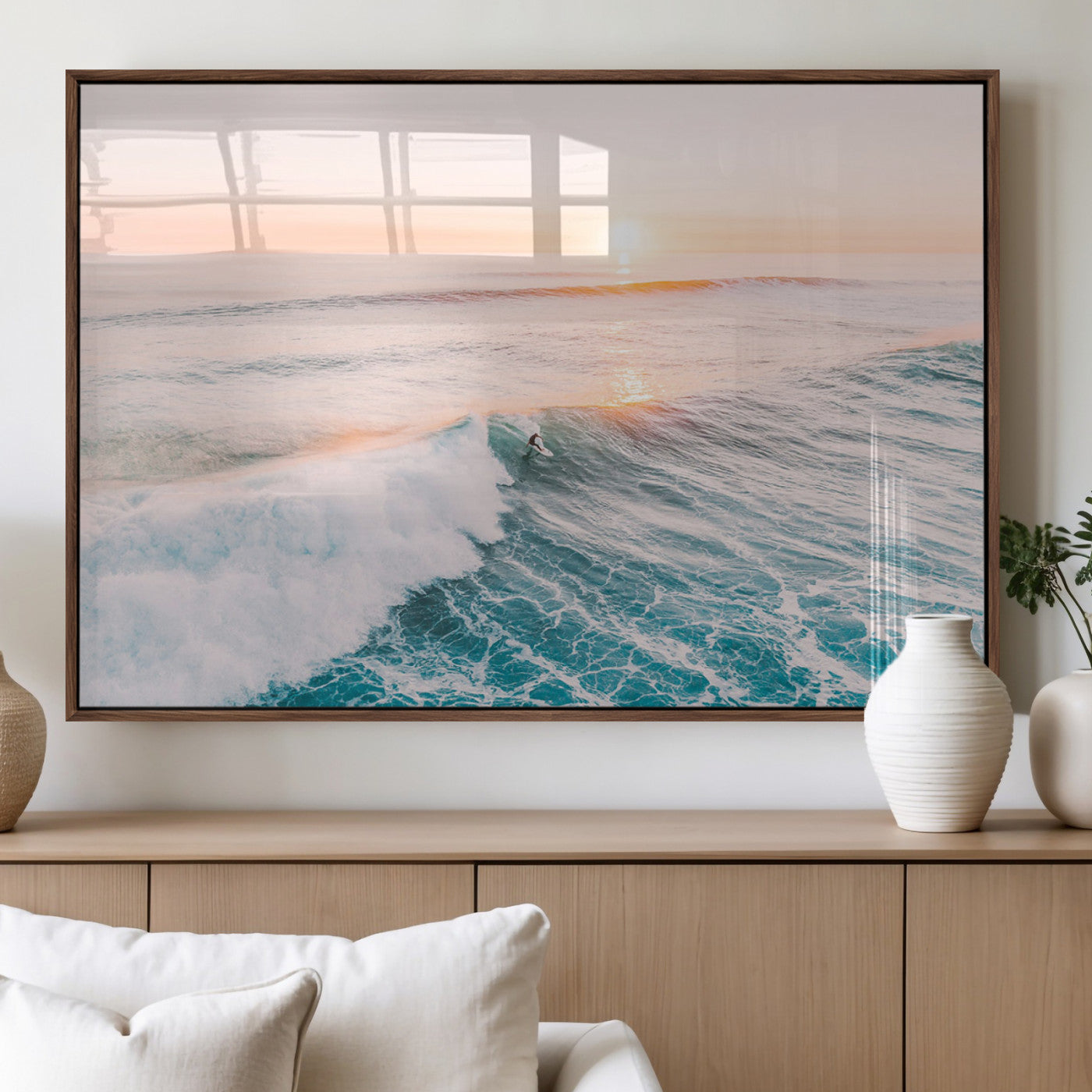 34064591-MGV-CV-60X30-3P_Walnut-Sunset Surfing Canvas Wall Art Print, Ocean Wave Surfer Decor, Large Coastal Surf Canvas for Beach House or Living Room 1 Panel Wrapped Canvas