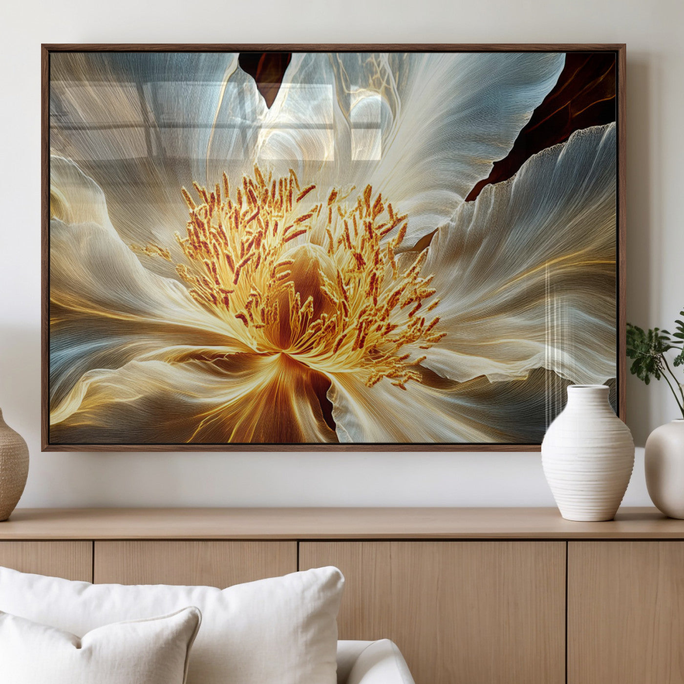 "Close-up of a glowing, abstract flower with delicate white petals and vibrant golden-yellow stamen against a dark background."