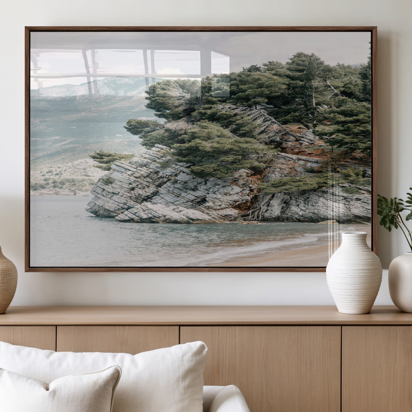 MGV-FP-36X24-3P - Coastal Rock Canvas Wall Art Print, Scenic Beach Landscape, Pine Trees on Rocky Cliff, Large Nature