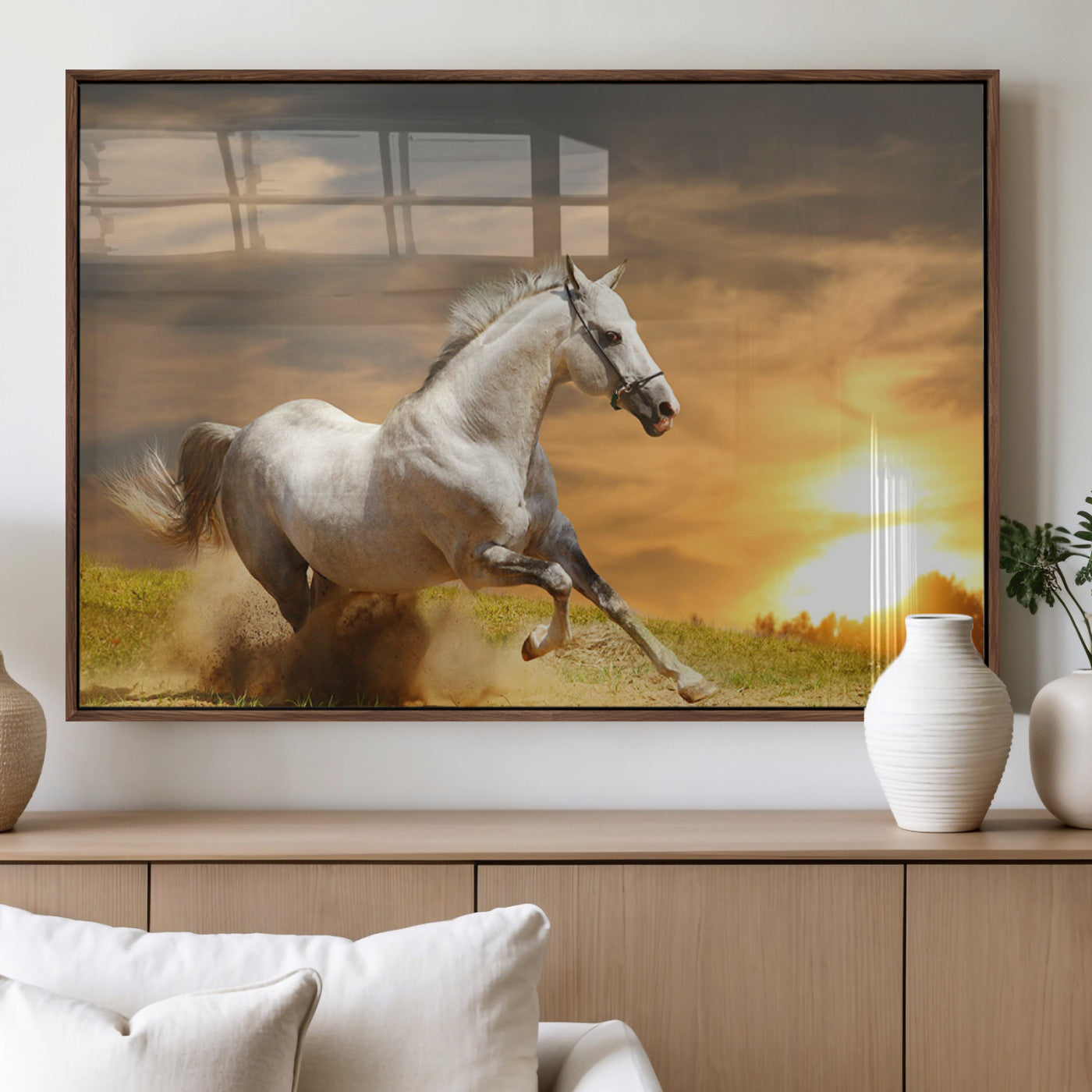 Powerful white horse galloping on a dusty field at sunset with a dramatic sky – Wall Art Canvas Print.