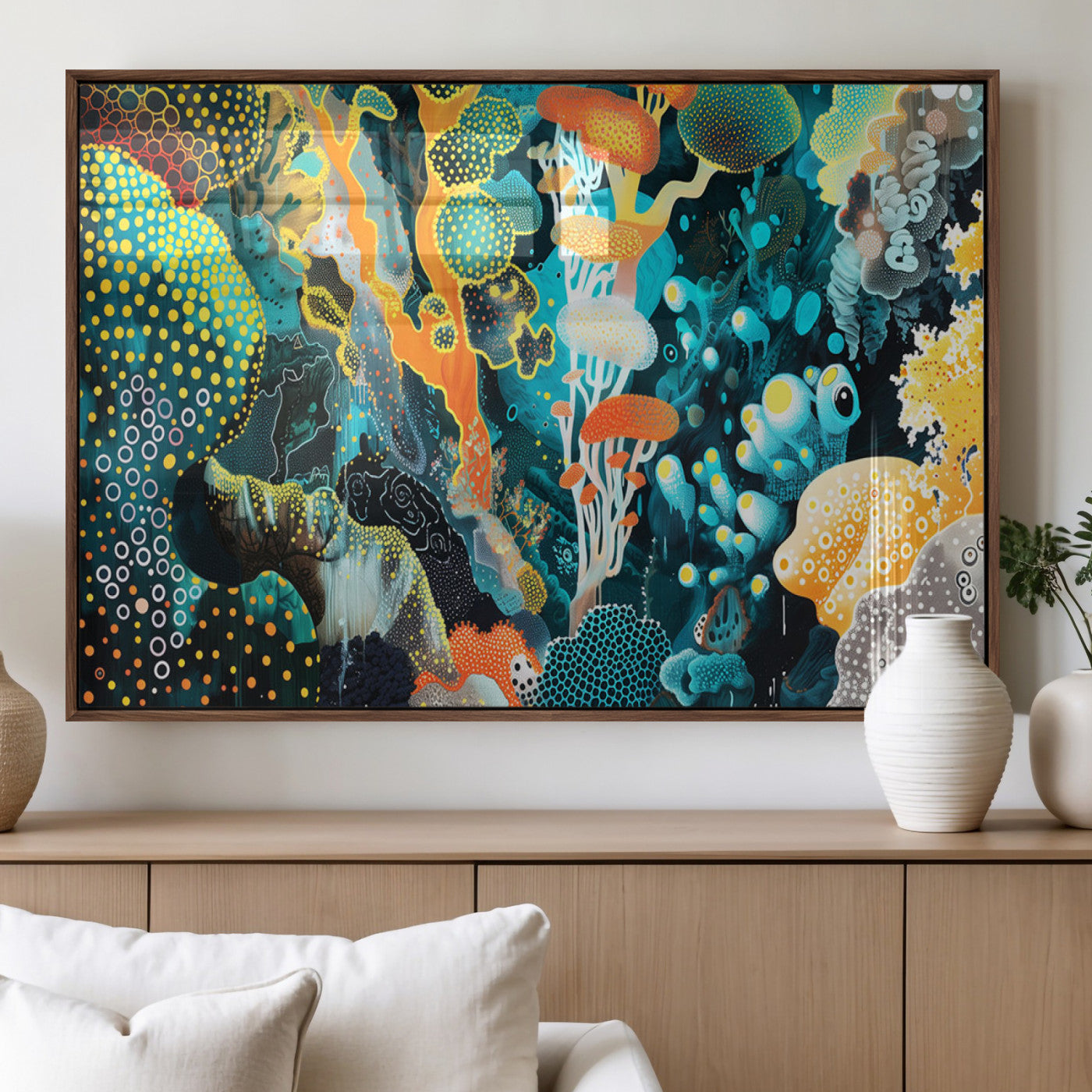 Colorful abstract coral reef scene featuring vibrant underwater plants, marine patterns, and fluid organic shapes – Wall Art Canvas Print.